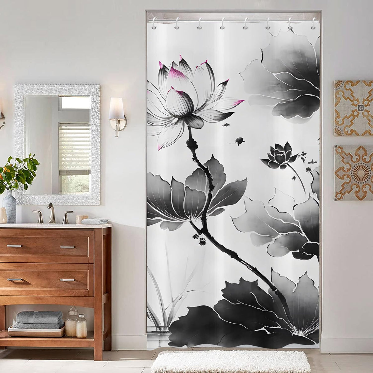 ASDCXZ Narrow Shower Curtain 120x180 cm, Modern Art Lotus Lotus Leaf Landscape Painting Grey Bath Washable Shower Curtains Polyester Textile