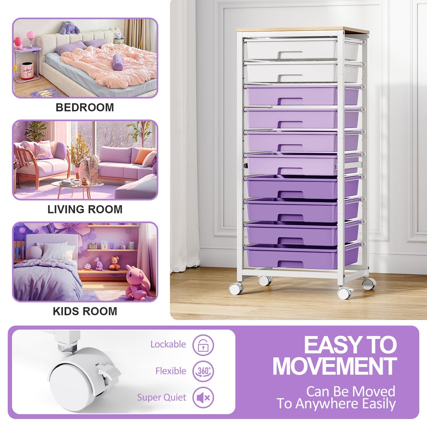 SYKIARIOL 10-Drawer Storage Trolley Rolling Cart with Wooden Top, Purple