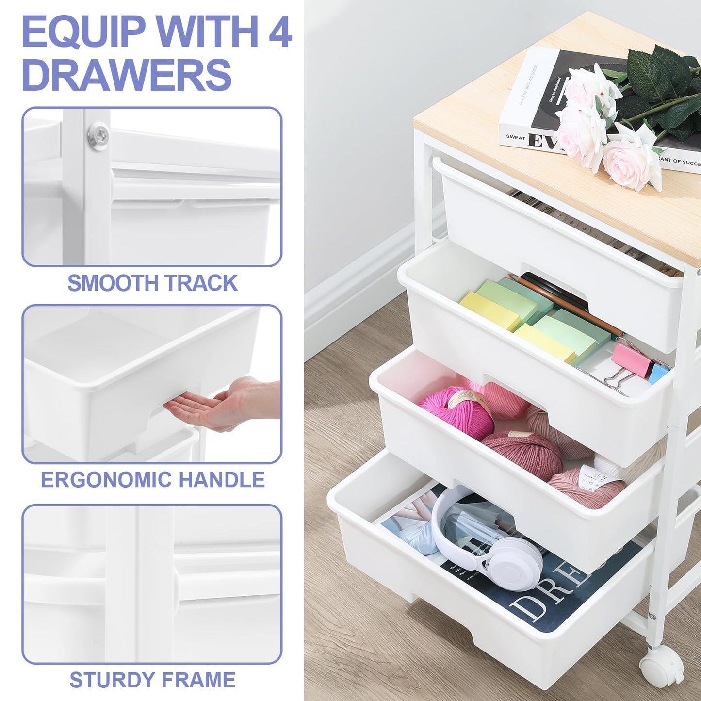 SYKIARIOL 4 Drawers Storage Trolley, Multipurpose Storage Drawer Unit with Lockable Wheels, Utility Rolling Storage Cart for Home Office Classroom,
