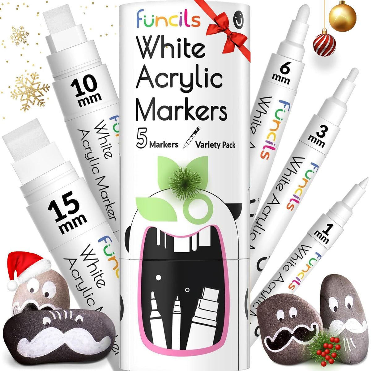 Funcils 5 Acrylic White Paint Pens - Fine & Jumbo Size Ink Pens (1mm, 3mm, 6mm, 10mm, 15mm) - Permanent White Marker Ink for Rock Painting, Fabric,