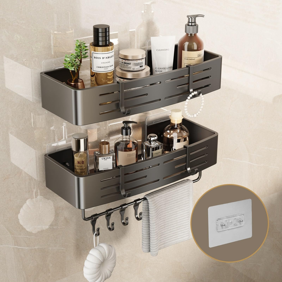 Voldra Shower Caddy No Drilling, Adhesive Bathroom Shelves Shower Storage Wall Mounted Stick On Bathroom Caddy Shower Organiser Rack With 8 Removable