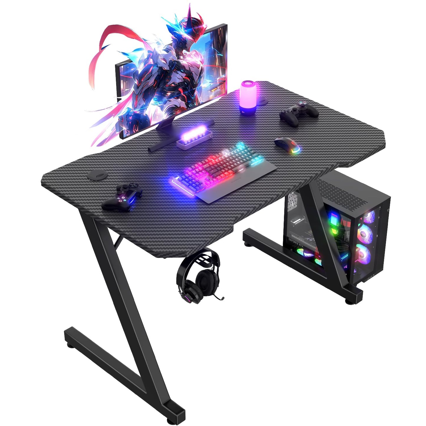 JUMMICO Gaming Desk 80 x 50 cm, Gaming Table Computer Desk Z Shaped PC Gamer Desk for Home Office, Gaming Desk with Headphone Hook, Black
