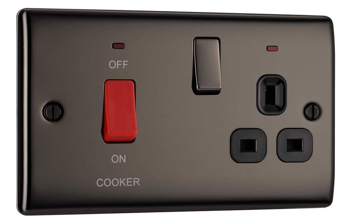 BG Electrical Cooker Switch with Socket and LED, Cooker Control Unit, Control Socket, Double Pole, Raised Profile, Round Edges, Nexus Metal, Black