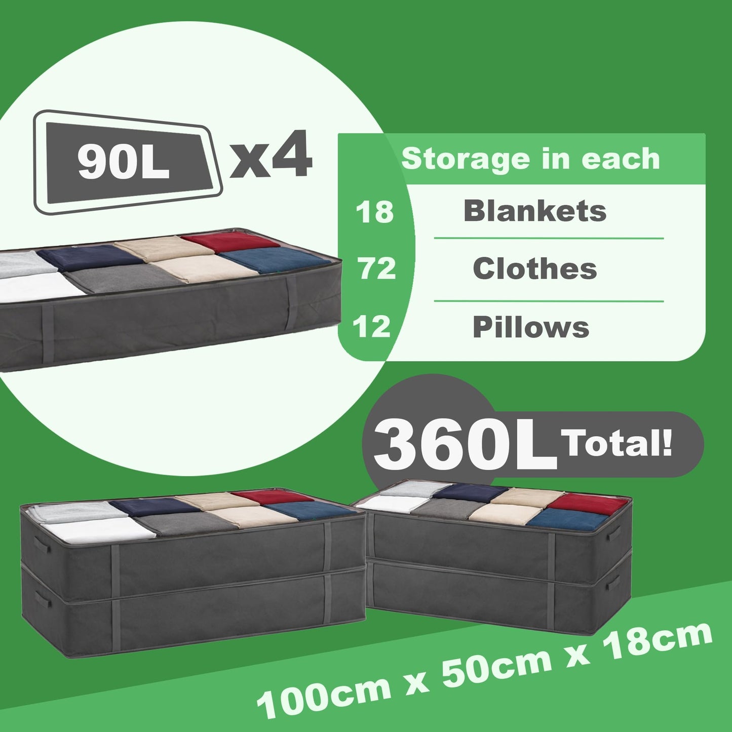 Libbi Lou Set of 4 Underbed Storage Bags – 90L Foldable Fabric Organisers with Clear Window & Handles – Compact Storage Boxes for Clothes