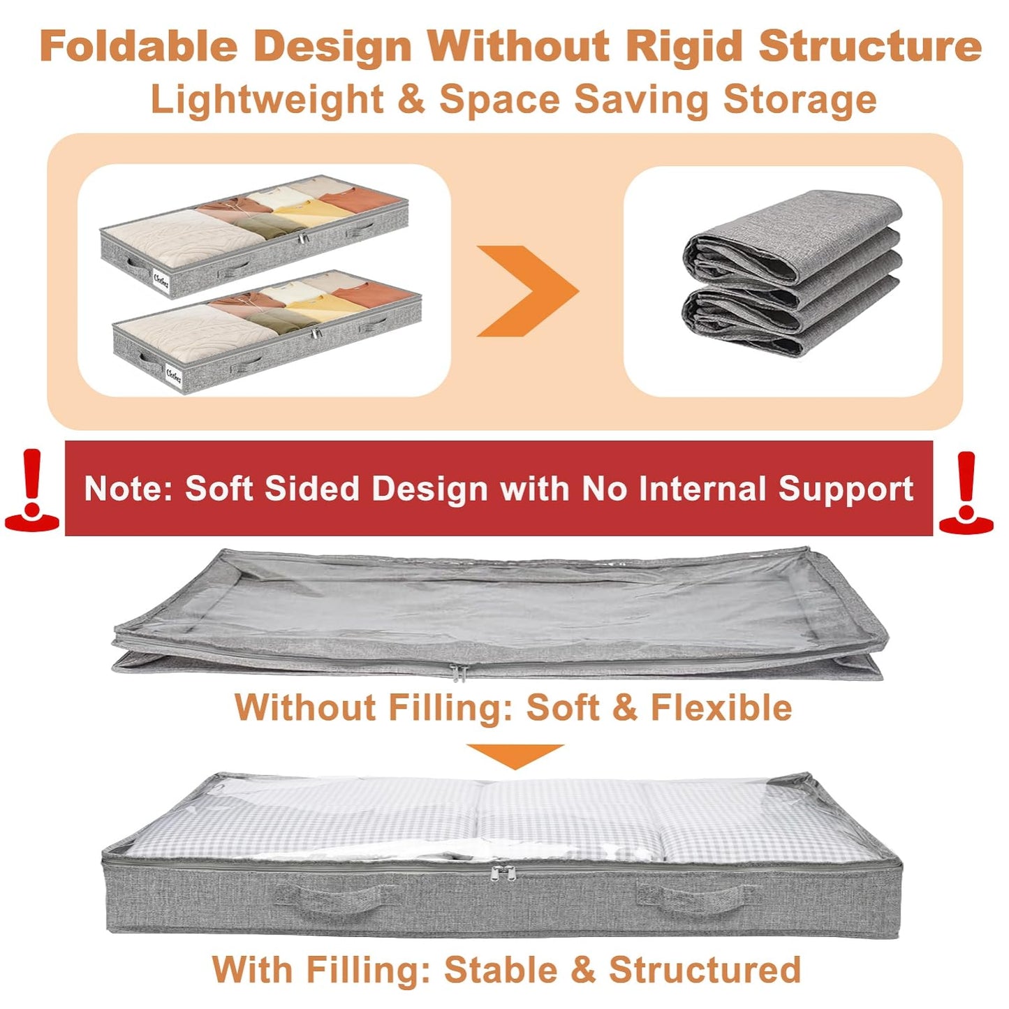 10cm Tall 2 Pack Underbed Storage Bags, Low Profile Under bed Storage Box with lid, Foldable Clothes Storage Bags with Sturdy Zip, PVC Window
