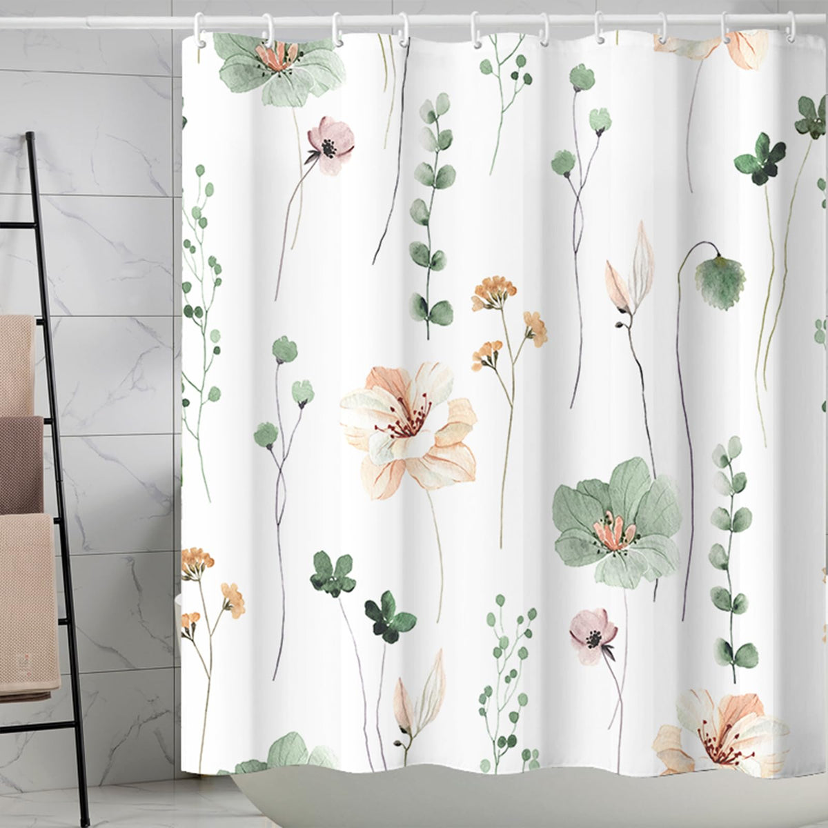 EZESO Floral Shower Curtain,3D Plant Bathroom Washable Polyester Fabric Shower Curtain with 12 Plastic Hooks, 180x200cm Thickened Bathtub Curtain for