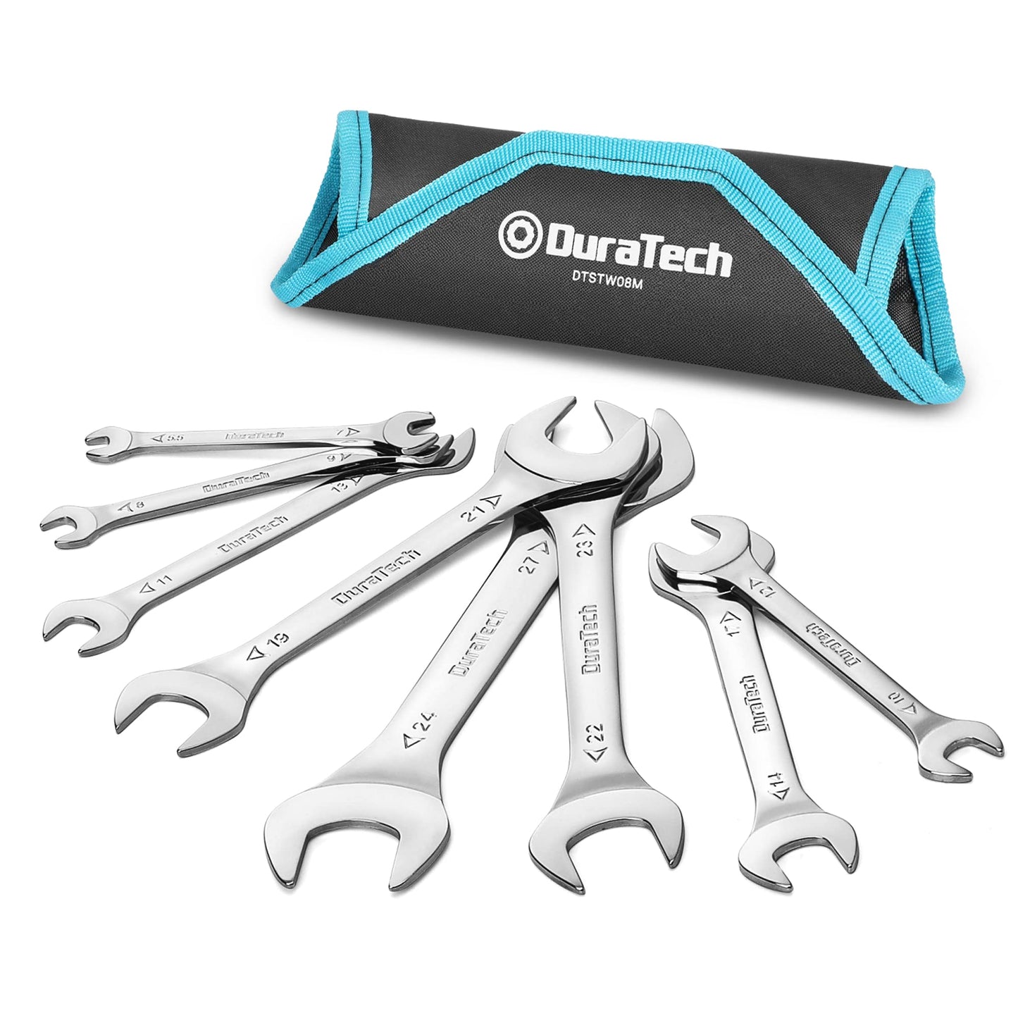 DURATECH Double Open End Spanner Set, Super-Thin Open Ended Wrench Flat Spanner Set for Narrow Space, Carbon Steel, Mirror-Chrome Plated, 8-Piece,
