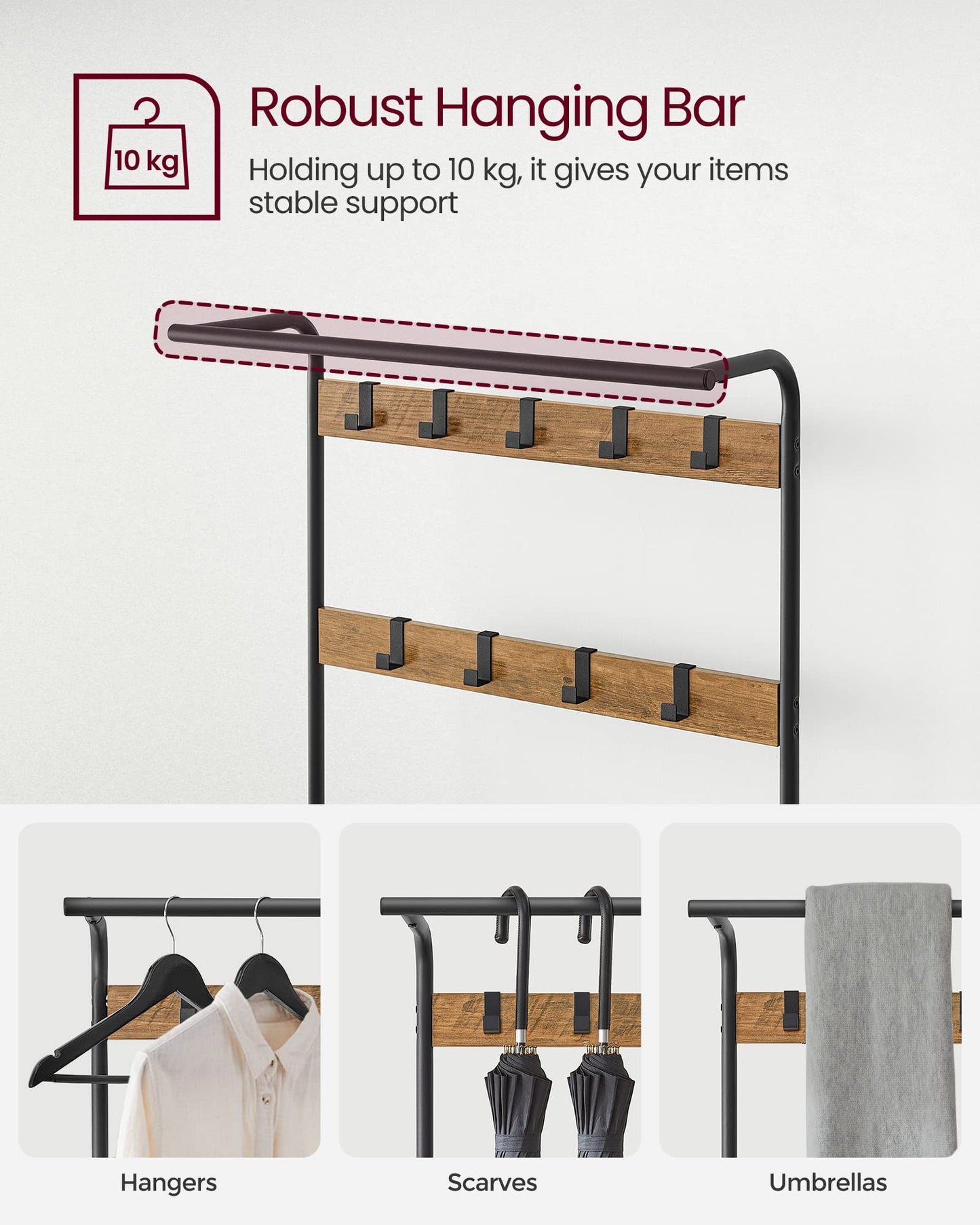 VASAGLE Coat Rack, Coat Stand with Shoe Storage Bench, 4-in-1 Design, with 9 Removable Hooks, a Clothes Rail, for Hallway, Entrance, 34 x 72 x 183 cm,