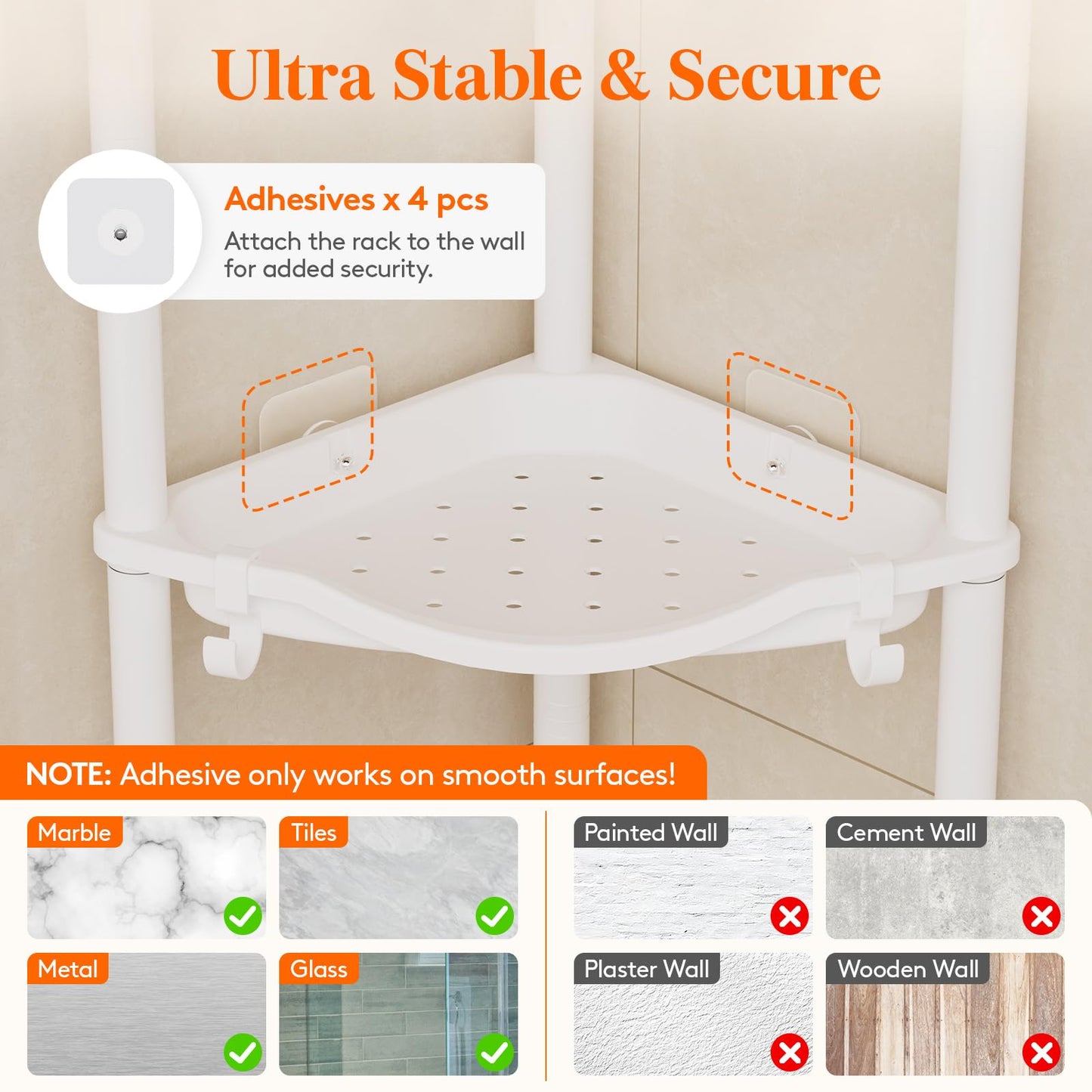 Lifewit 3 Tier Corner Floor Standing Shower Caddy Rack with Hooks, White