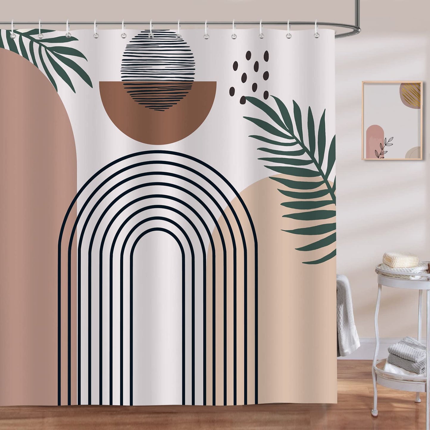Bonhause Mid Century Abstract Shower Curtain 180 x 180 cm Boho Arch Sun Beige Modern Minimalistic Bathroom Curtain Waterproof Mildew & Mould Resistant