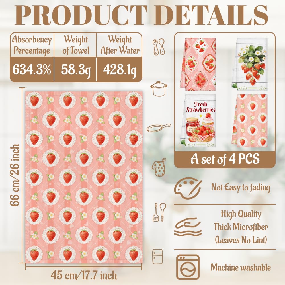 WADORN 4 Styles Strawberry Kitchen Towels, 18 x 26 Inch Microfiber Strawberry Decorative Hand Dish Towels Spring Summer Soft Absorbent Quick Drying