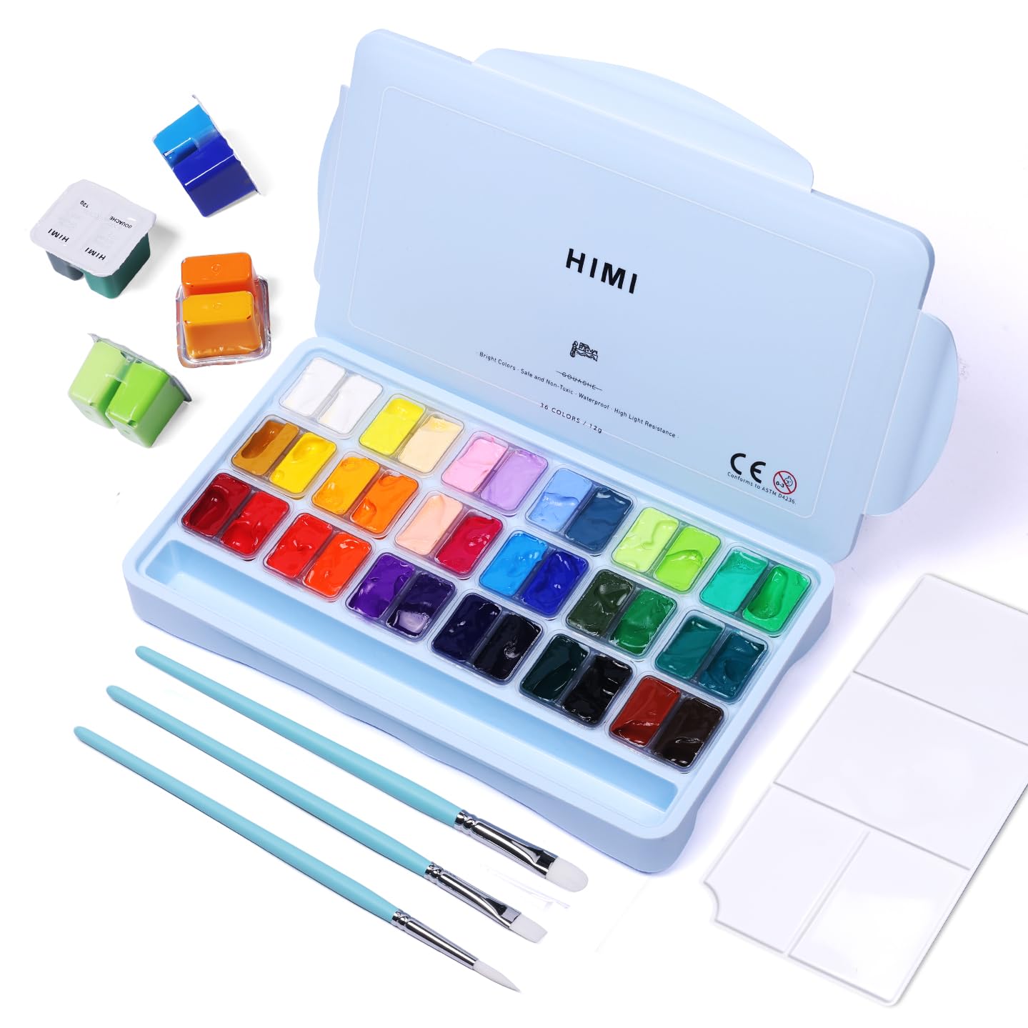 HIMI Gouache Paint Set, 36 Colors x 12ml Twin Jelly Cup Design with 3 Paint Brushes and a Palette in a Carrying Case Perfect for Artists, Students,