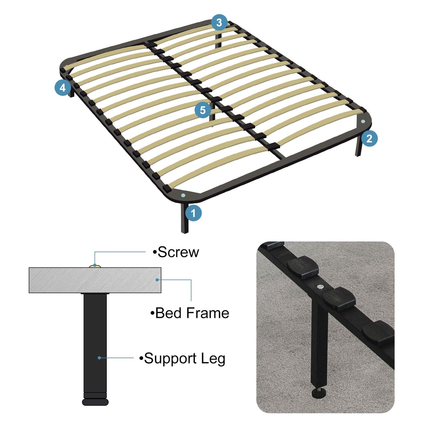 sourcing map Adjustable Height Bed Frame Support Legs Replacement Bed Rail Support Center Frame Slat Feet Risers(250mm-270mm/9.8"-10.6"), Black