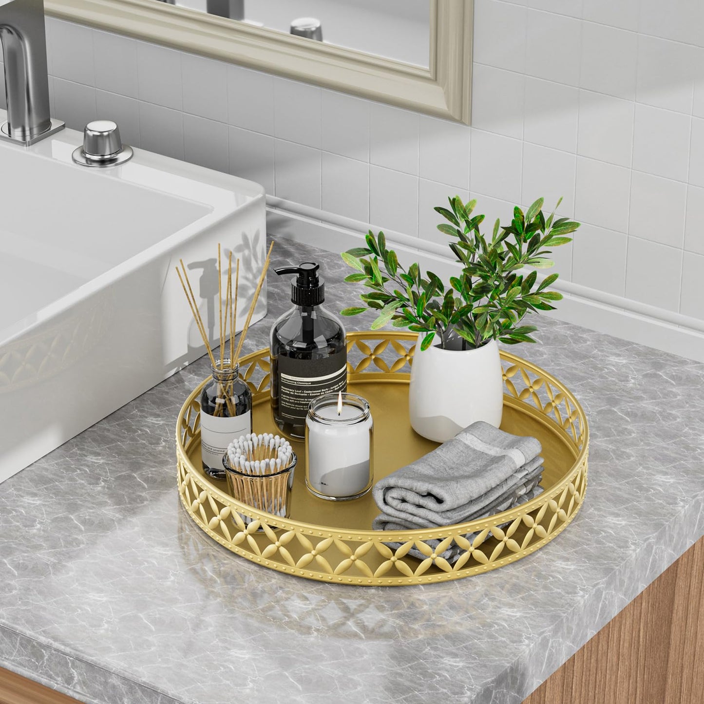 EKNITEY Bathroom Counter Vanity Tray - Gold Round Serving & Storage Tray for Home Decor, Makeup & Perfume, 11"