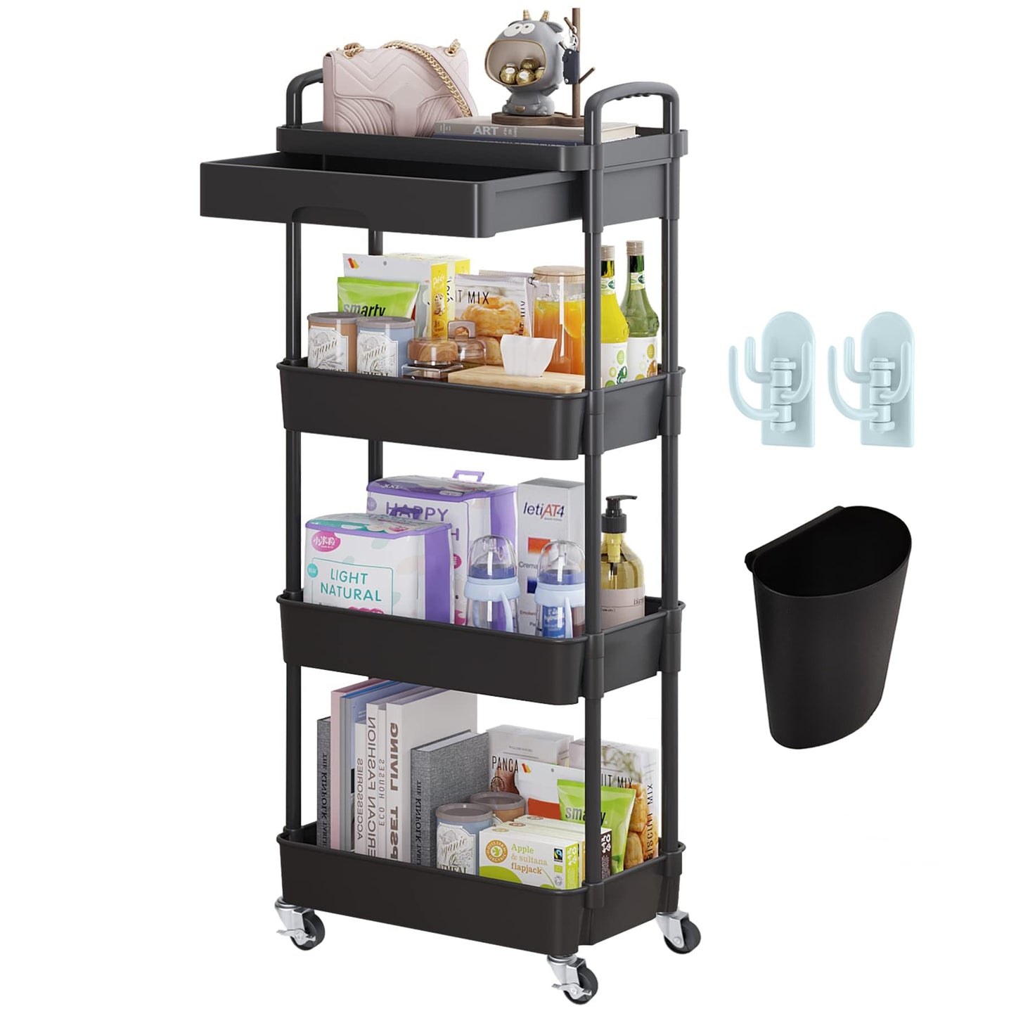 Wuciray Beauty Trolley on Wheels 4 Tier Storage Trolley with Drawer Plastic Beauty Trolleys Rolling Utility Cart Craft Trolleys on Wheels for Home