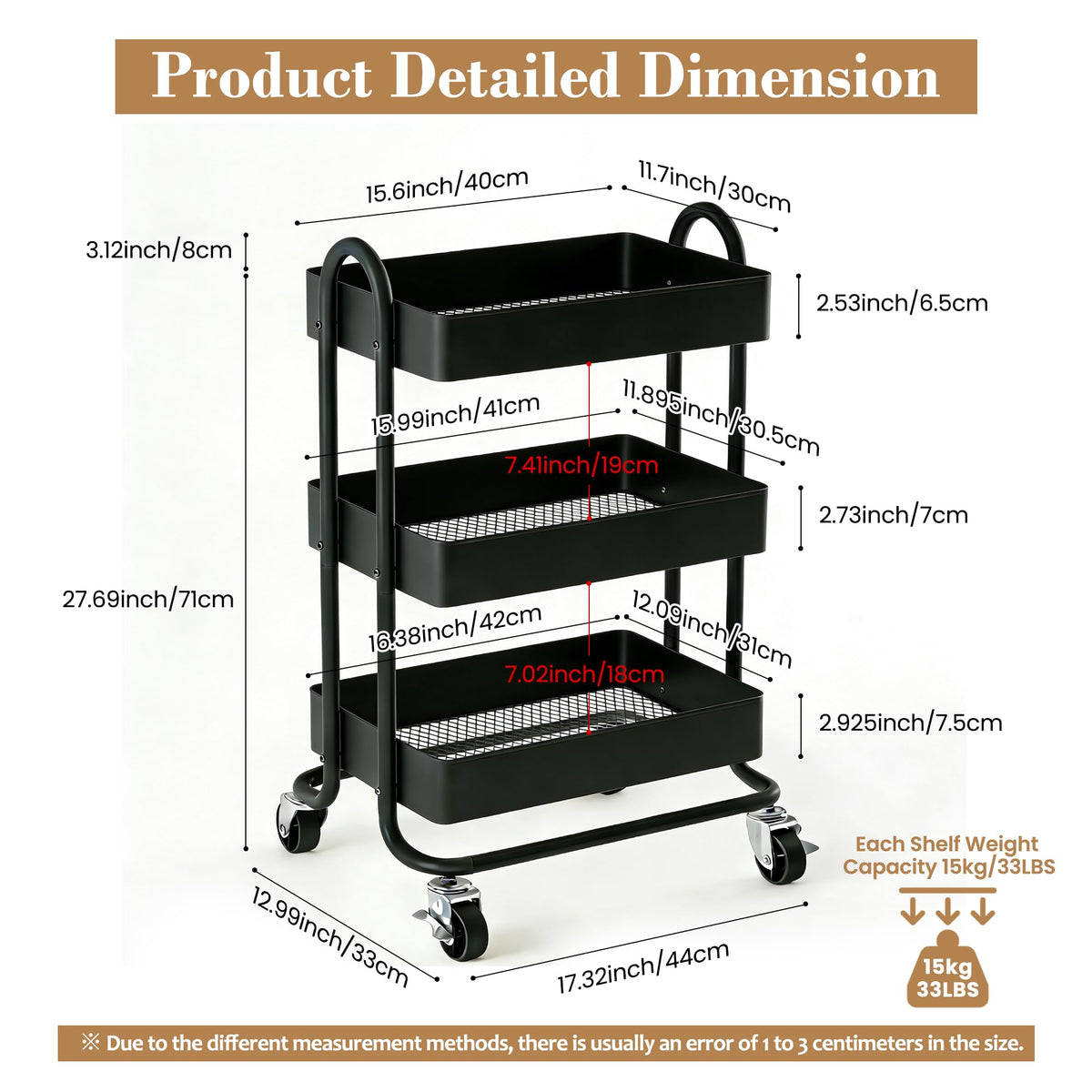 Mordchil EU 3 Tier Metal Utility Cart with Lockable Wheels for Storage, Rolling Utility Trolley Storage Cart for Home & Office, Black