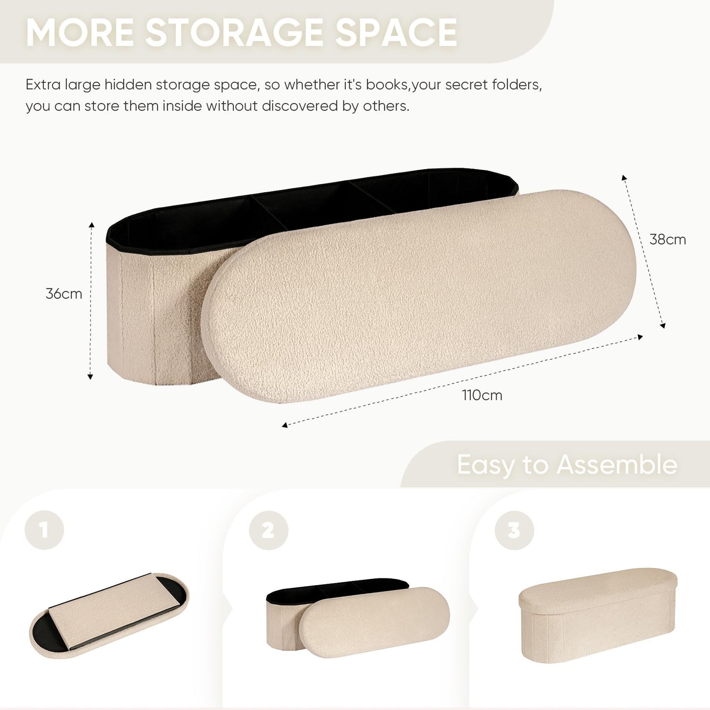 Bonlife Ottoman Storage Bench,Folding Boucle Footstool Oval, End of Bed Stool, Ideal for Living Room, Bedroom, 100L Storage Space,Beige,110x38x38cm