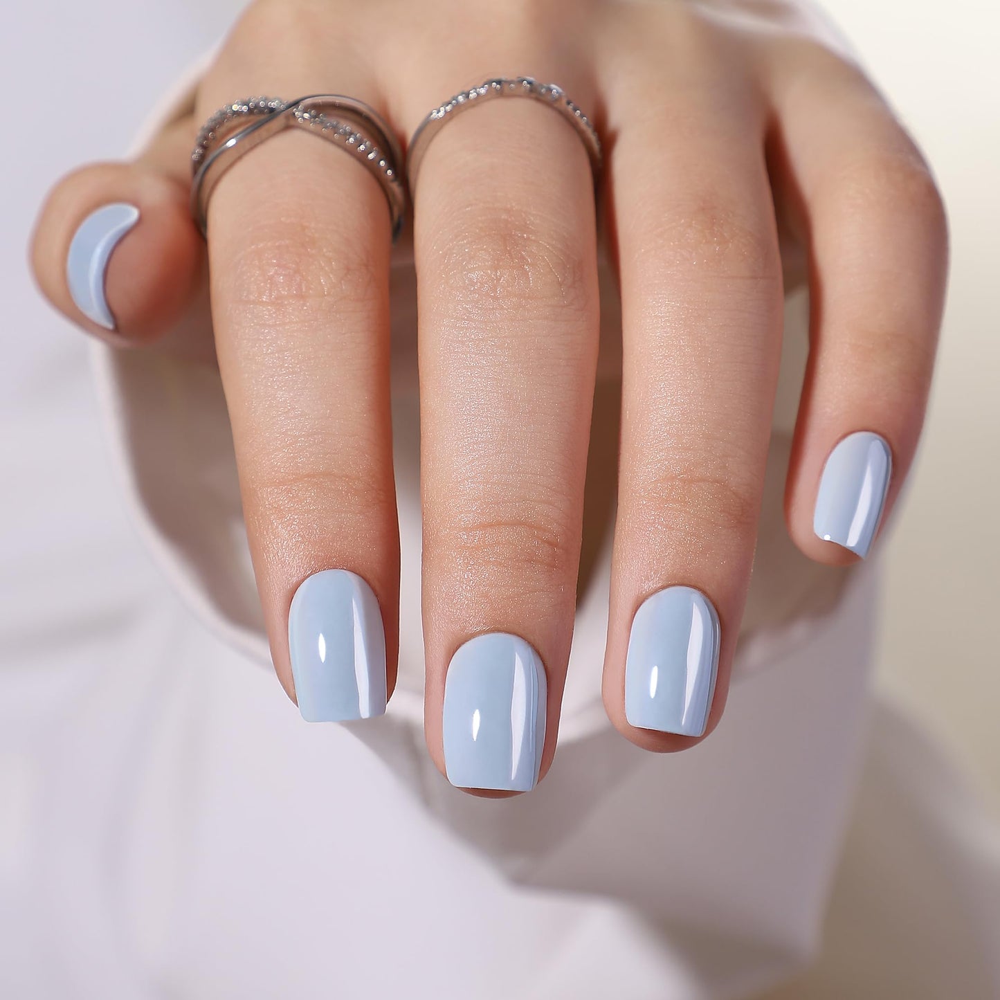 Press On Nails Short - Findigit Square Blue Glossy Press On Nail Ons, Chrome Glazed Glue On False Nails, Stick On Nails in 16 Sizes - 32 Soft Gel Fake