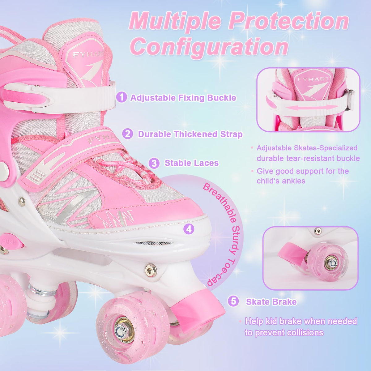 Kids Girls Roller Skates For Toddler Child Beginner, 4 Sizes Adjustable Kids Roller Skates with Light Up Wheels (Pink White, Medium)