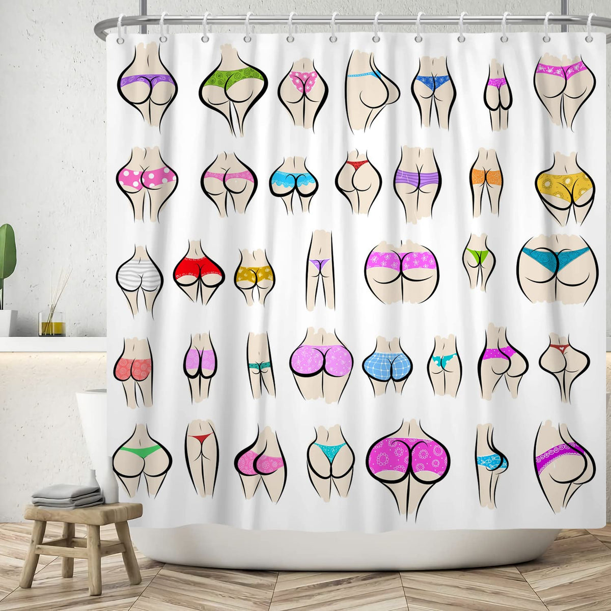 ASDCXZ Funny Shower Curtain 180x200 cm, Funny Colorful Butt Curve Pattern White Bath Washable Shower Curtains Polyester Textile Waterproof Bath