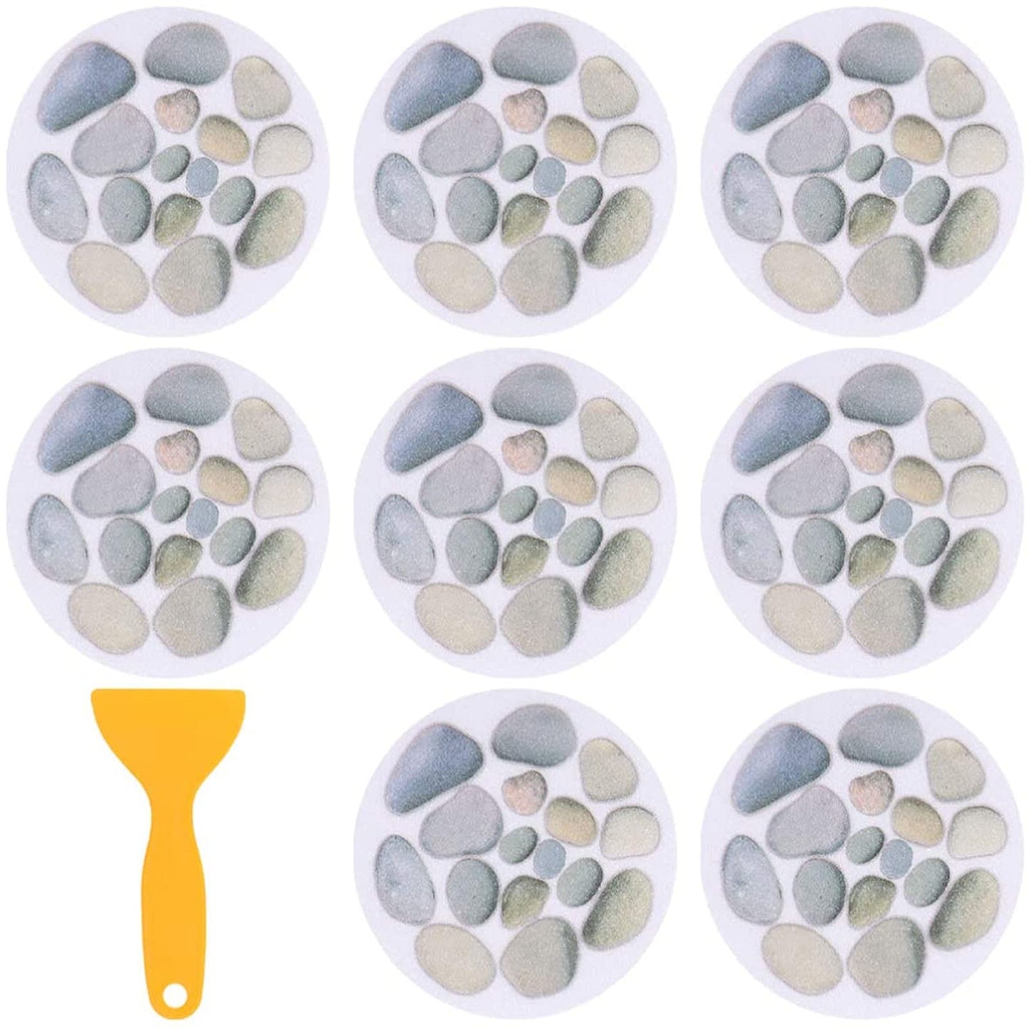 8 pieces bathtub stickers, round, self-adhesive, non-slip stickers, diameter 15 cm, stone pattern, bath, bathroom floor sticker with scraper tool