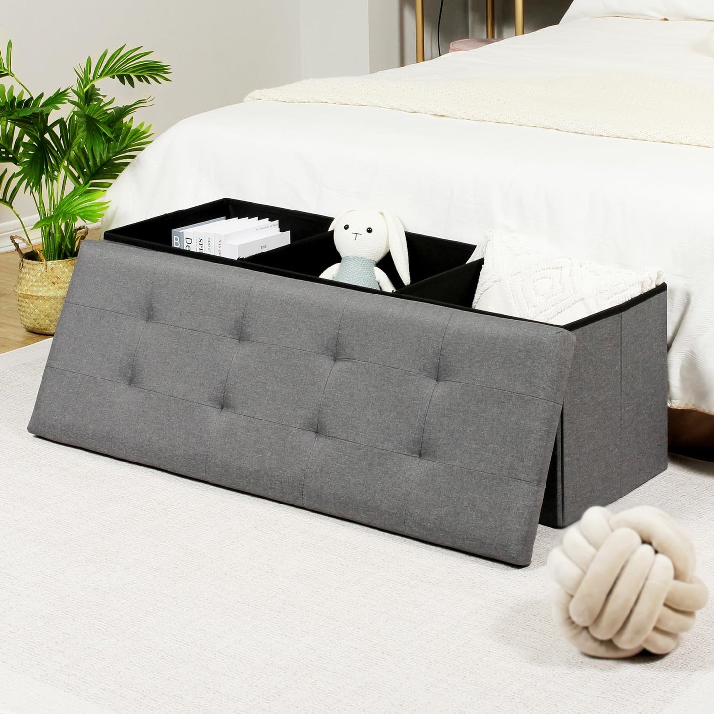 Bonlife 110x38x38cm Grey Extra Large Ottoman Storage Box with Lid,Folding Toy Chest Boxes Bedroom End of Bed Storage Bench Footstools for Living Room