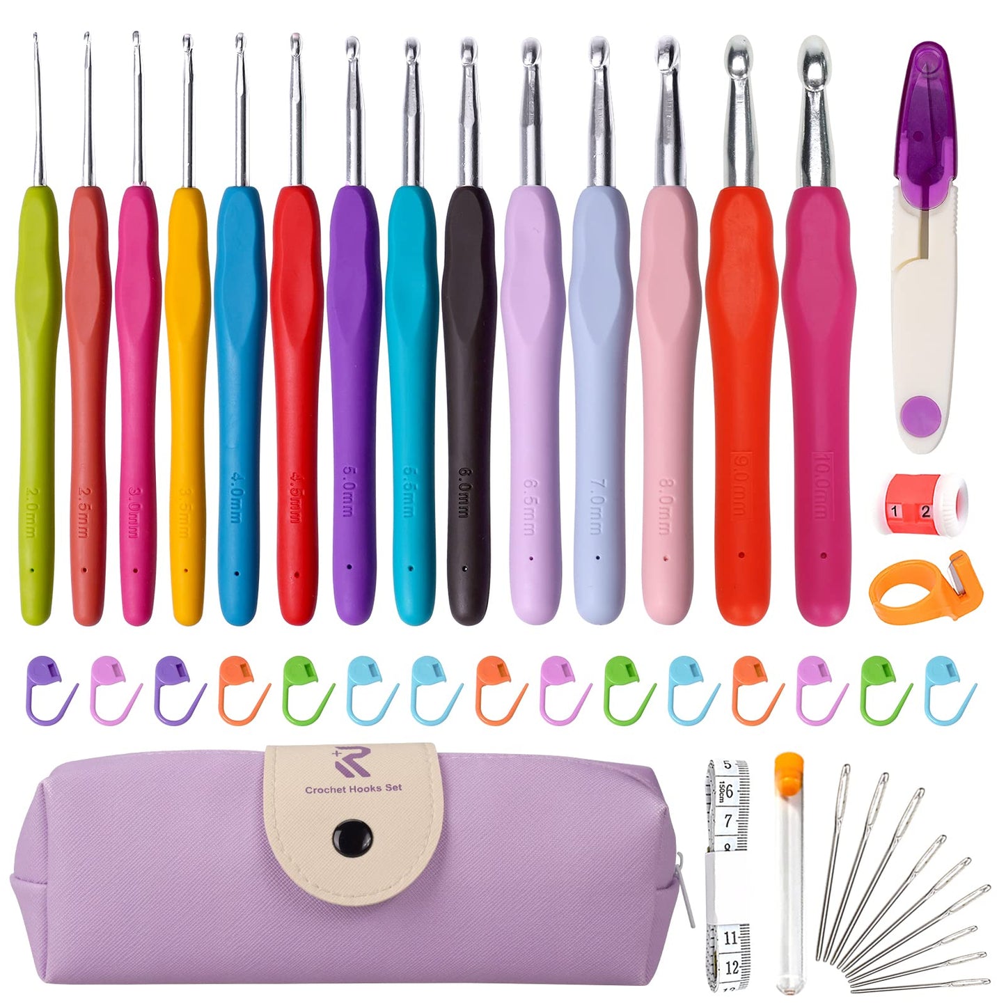 RealPlus Crochet Hooks Set, 14 Pcs Full Size (2-10mm) Crochet Set, Crochet Kits for Beginners Adults, Ergonomic Rubber Soft Grip Handles, Crochet