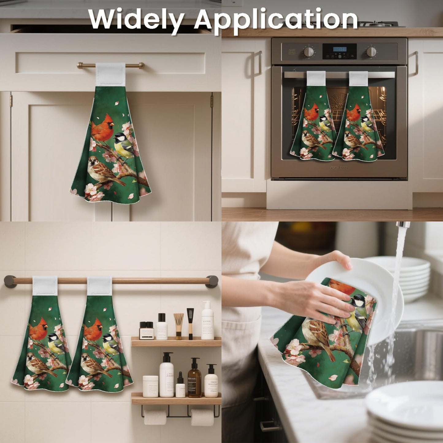 CUTHOLLOW 2 Pcs Cherry and Cardinal Bird Hanging Kitchen Towels with Loop