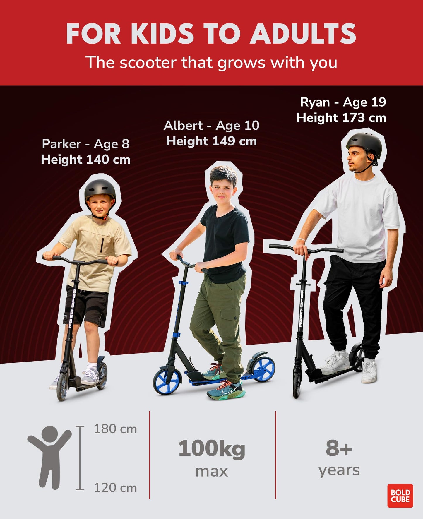 BOLDCUBE Big 2 Wheeler Burgundy | Scooter for Kids & Teens Ages 7+ Years | Play & Commute | Front Suspension Fit with 200MM Wheels | Height Adjustable