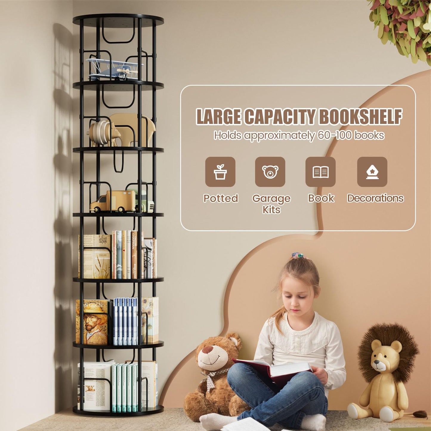 OCTORO 6 Tier Rotating Bookshelf, 360° Corner Bookshelf Tower, Round Revolving Bookcase with Adjustable Levels, Spinning Book Shelf for Home Office