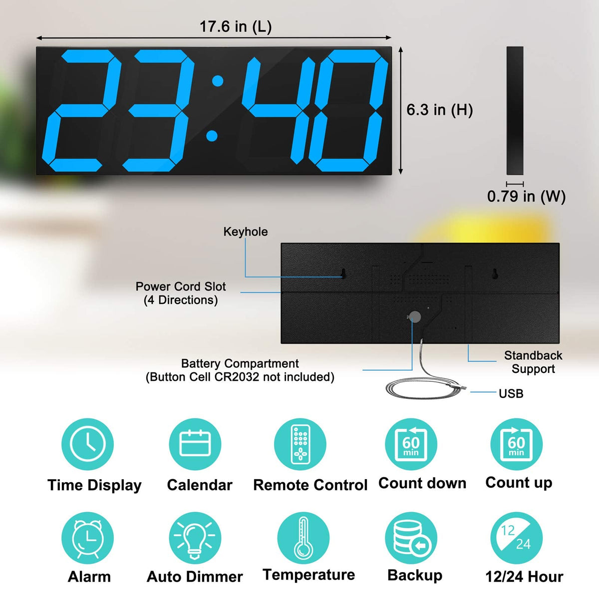 CHKOSDA Digital Wall Clock, 18" Large Wall Clock, Led Wall Clock with Countdown Timer, Calendar, Thermometer, 12/24H, Adjustable Brightness, Wall