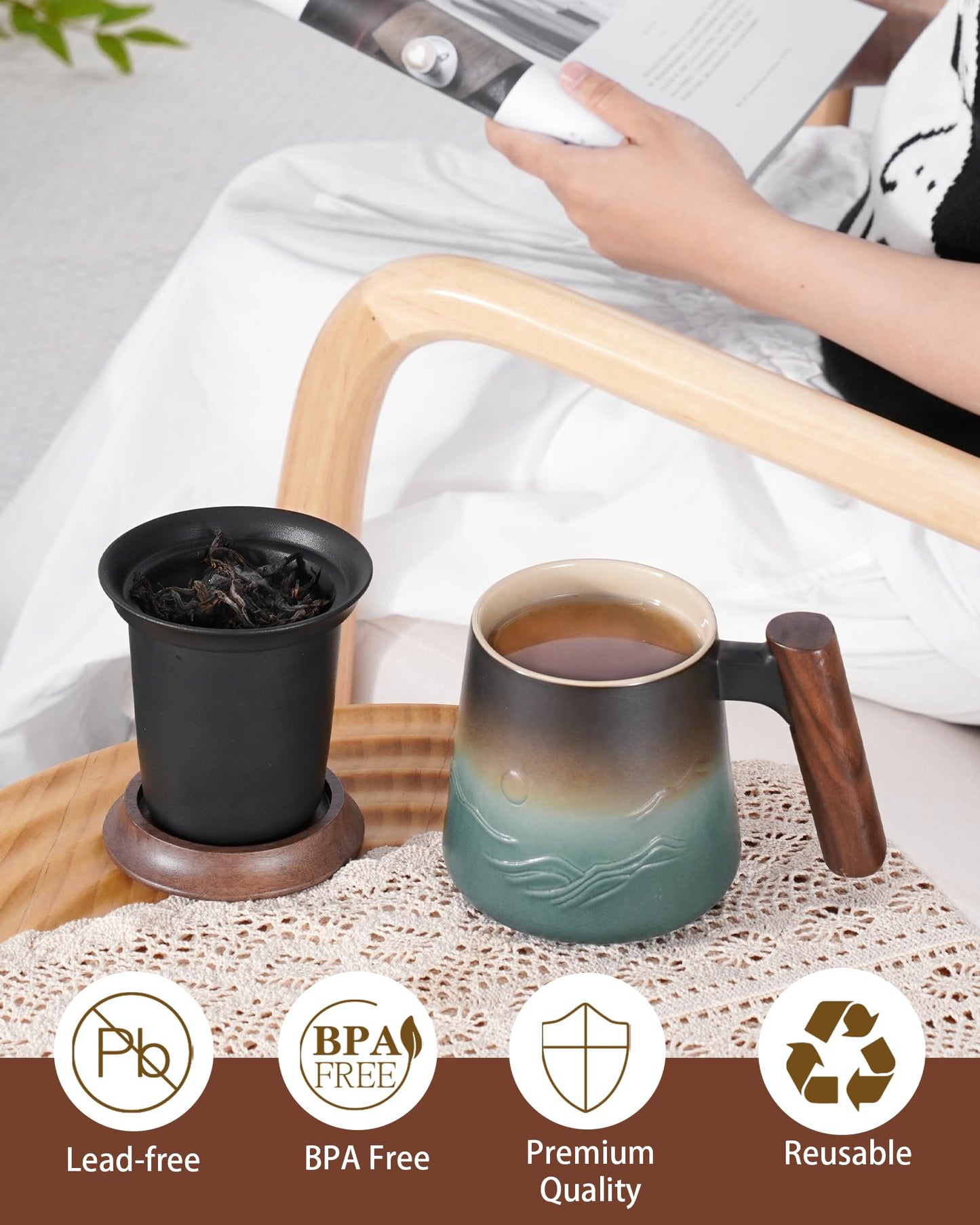 ZENS Tea Infuser Mug for Loose Tea Strainer, 430 ML Embossed Ceramic Tea Cup with Infuser for Hot Tea Diffusers, Wood Handle Loose Leaf Tea Mug Green