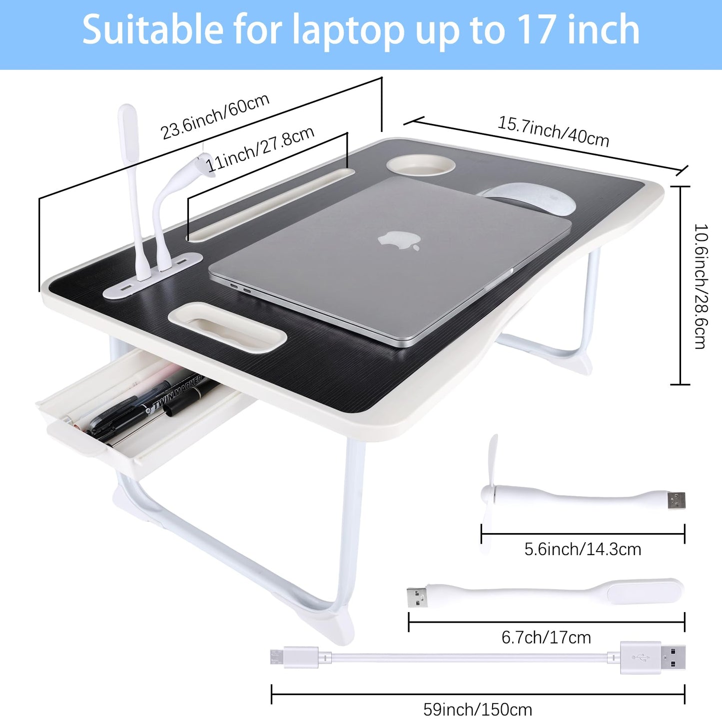BIFZOIN Bed Table Laptop Desk,Foldable Portable Laptop Bed Table with USB Ports,Side Drawer,Desktop Card and Handle,Portable Tray for