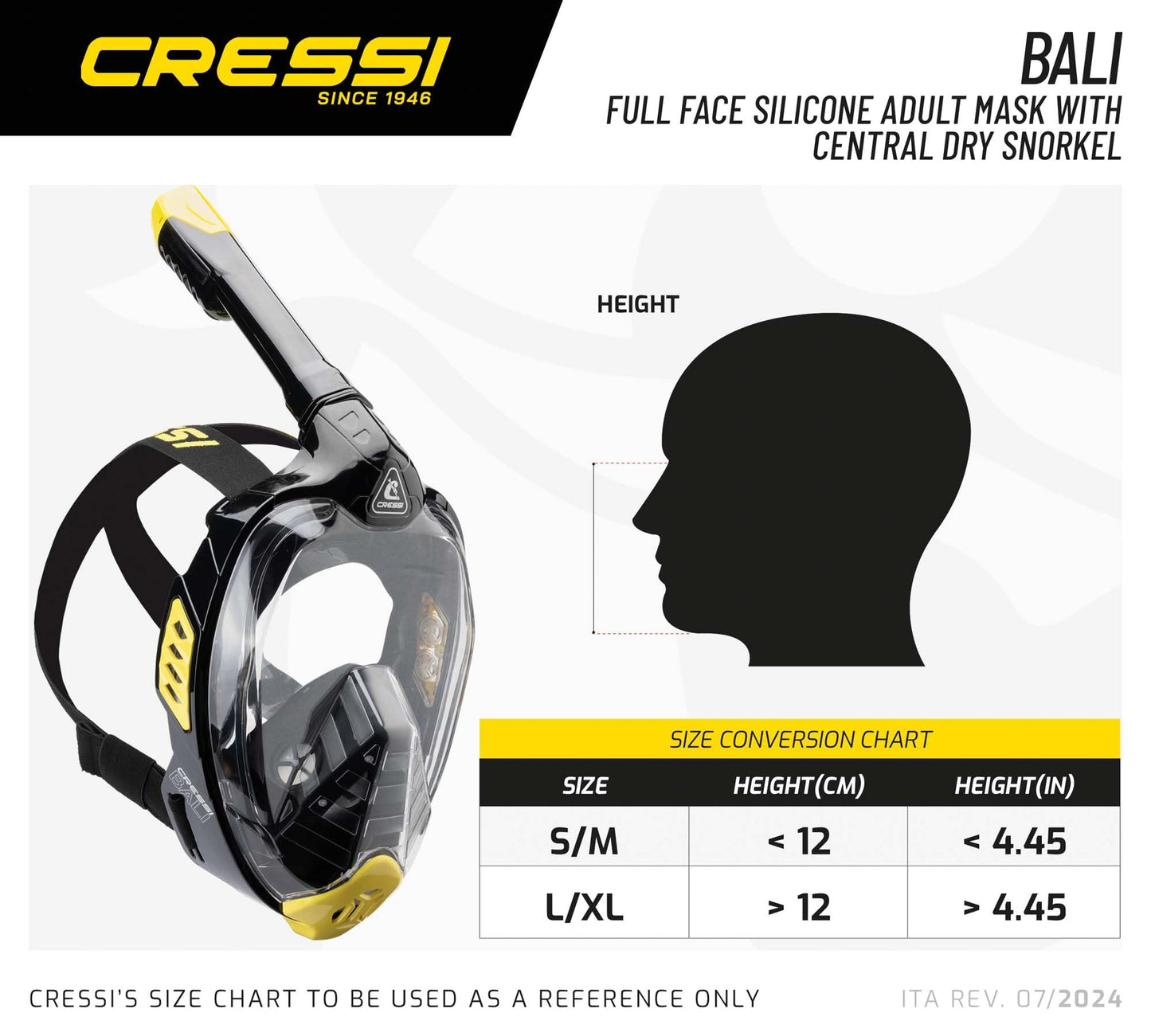 CRESSI Bali Full Face Mask Black/Blue L/XL - Unisex Integral Snorkel Mask, Anti Fog Clear Lens, 100% Silicone, Dry Snorkel with Float Valve, Action