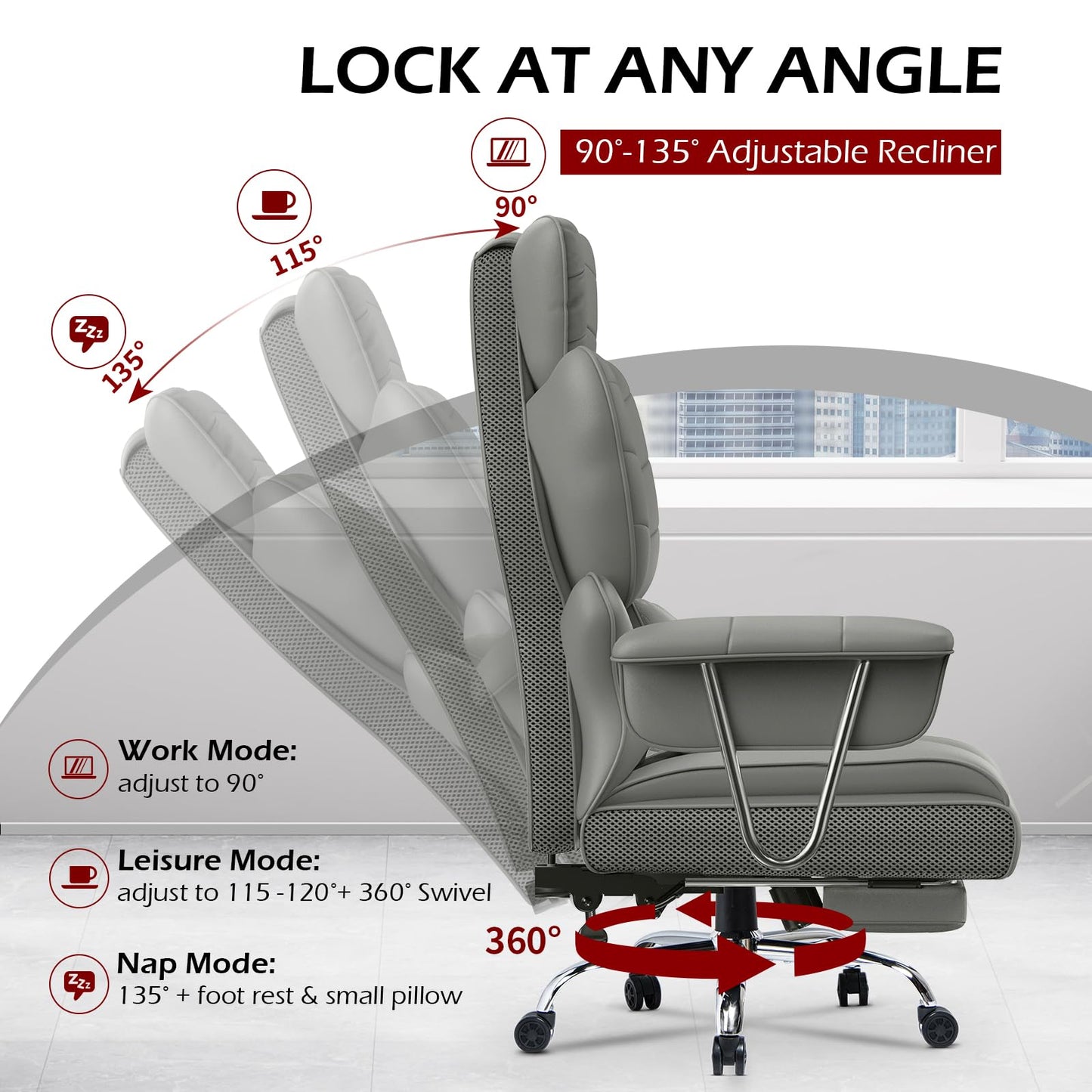 naspaluro High Back PU Leather Ergonomic Computer Recliner, Big Tall Executive Desk Office Chair with Armrests/Footrest