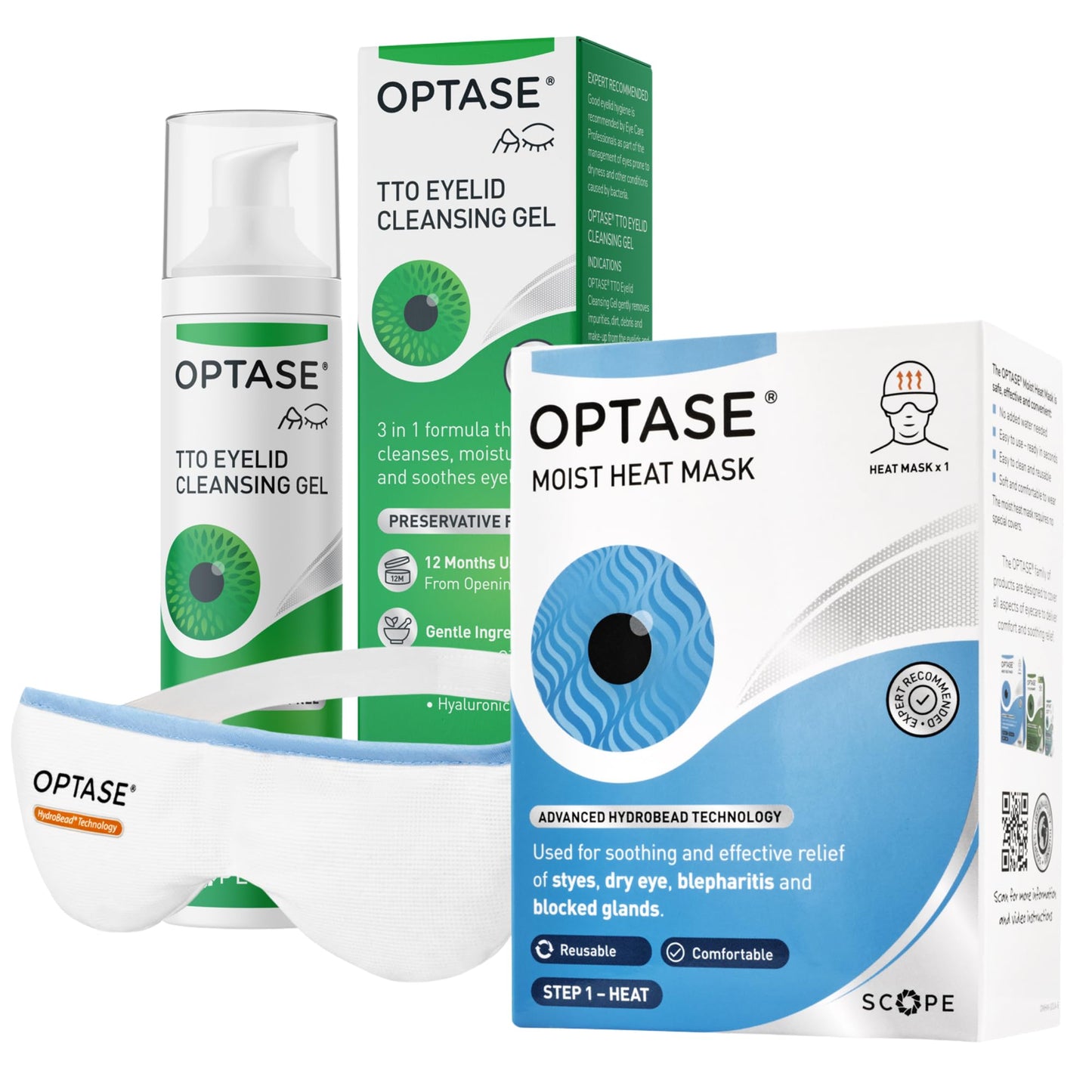 Optase Moist Heat Eye Mask & Tea Tree Oil Eyelid Cleansing Gel for Dry Eyes, Blepharitis, MGD & Styes - Daily Eye Care Duo - Reusable Heated Mask with