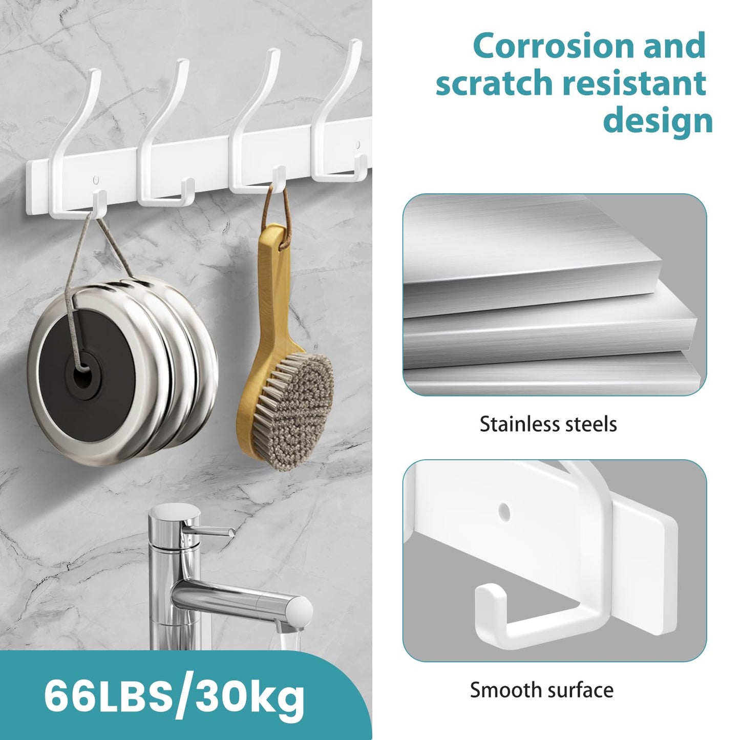 MEIJO Coat Hooks Wall Mounted Stainless Steel, White Coat Rack Wall Mounted with 8 Hooks Heavy Duty Coat Hooks for Door, Bathroom, Bedroom, Kitchen