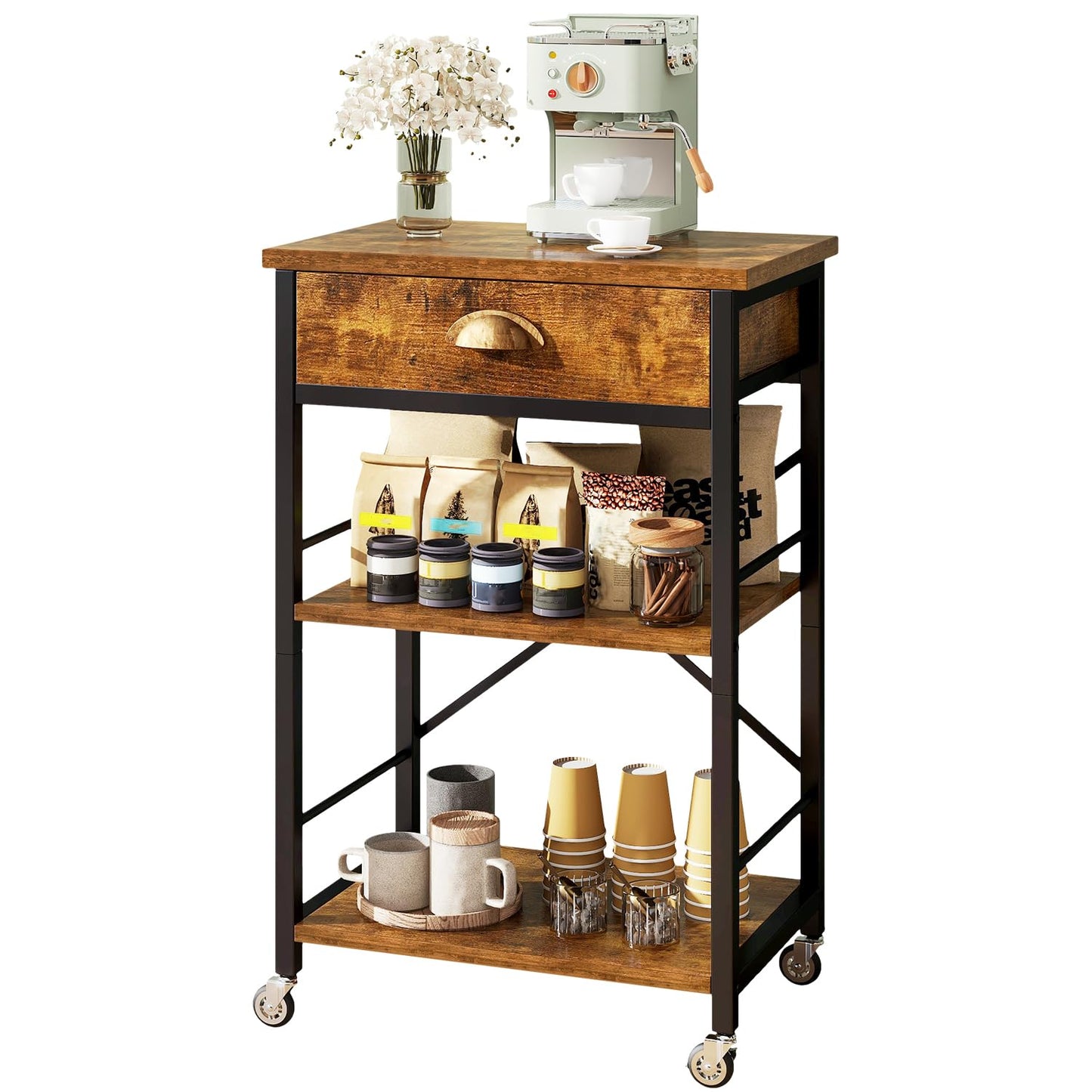 IBUYKE Kitchen Bakers Rack with Drawers,3-Tier Microwave Oven Stand with Storage, Coffee Bar Table with Wheels,Adjustable Shelf,Simple