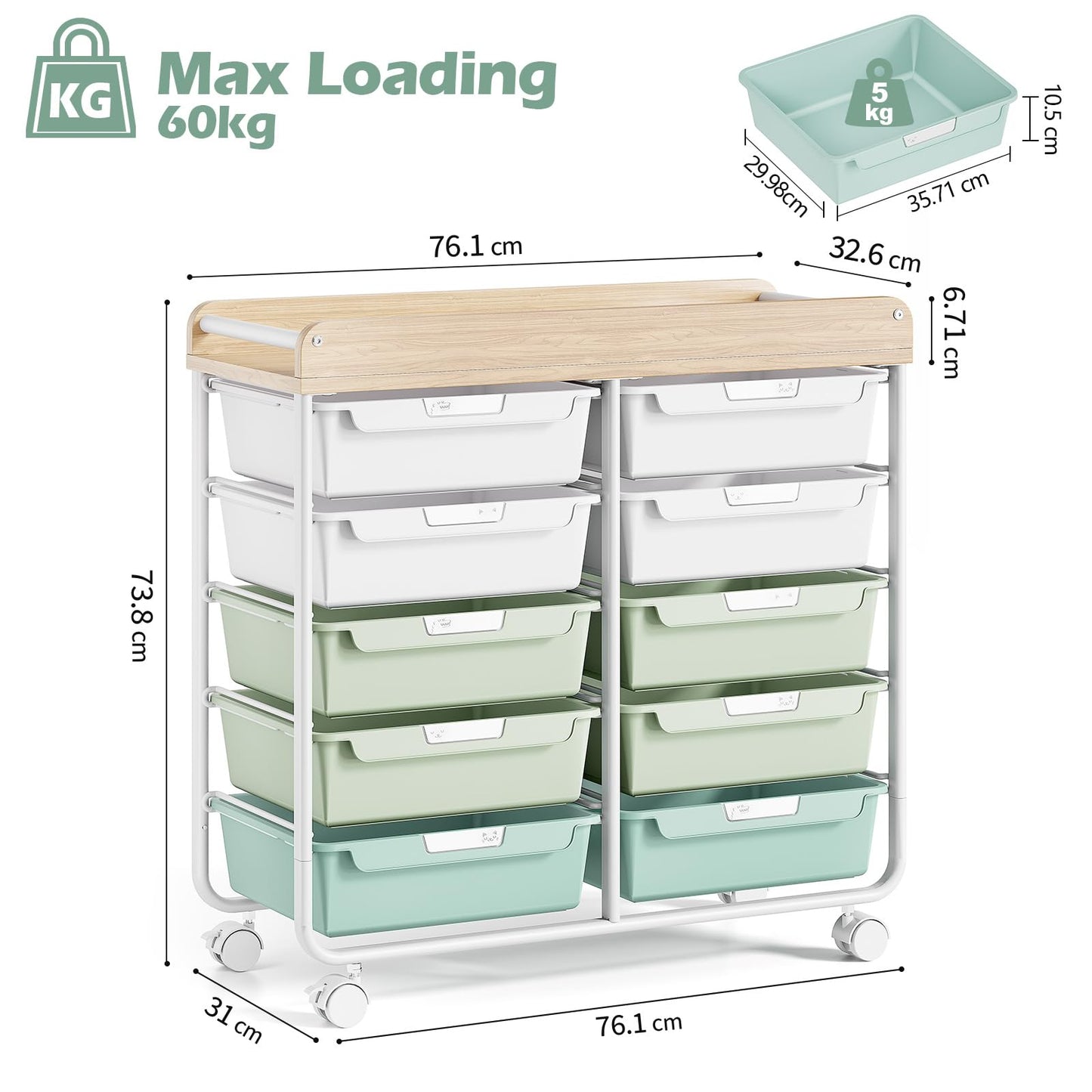 10 Drawers Rolling Cart with Wooden Tabletop, Utility Storage Cart with Wheels, Art Supply Craft Organizer on Wheel with Metal Frame & Handles for