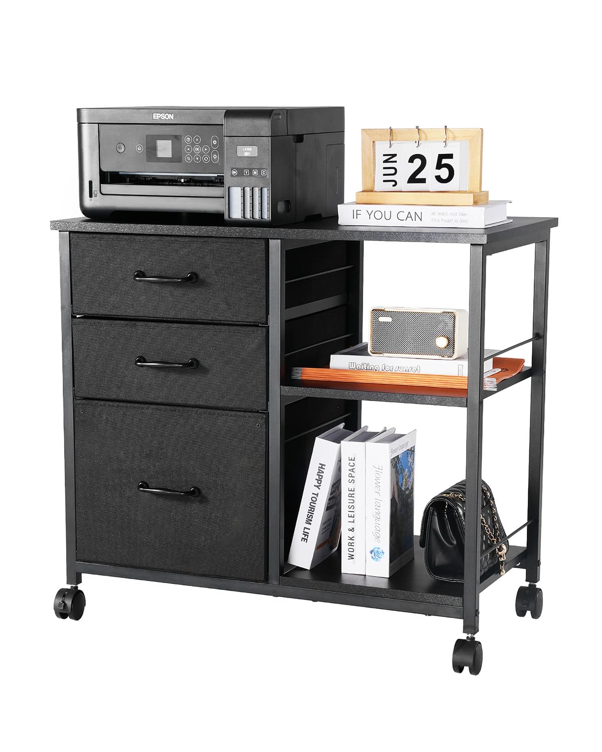 VEVOR Metal File Cabinet, Mobile Filing Cabinet with 3 Fabric Drawers and 2 Open Shelves
