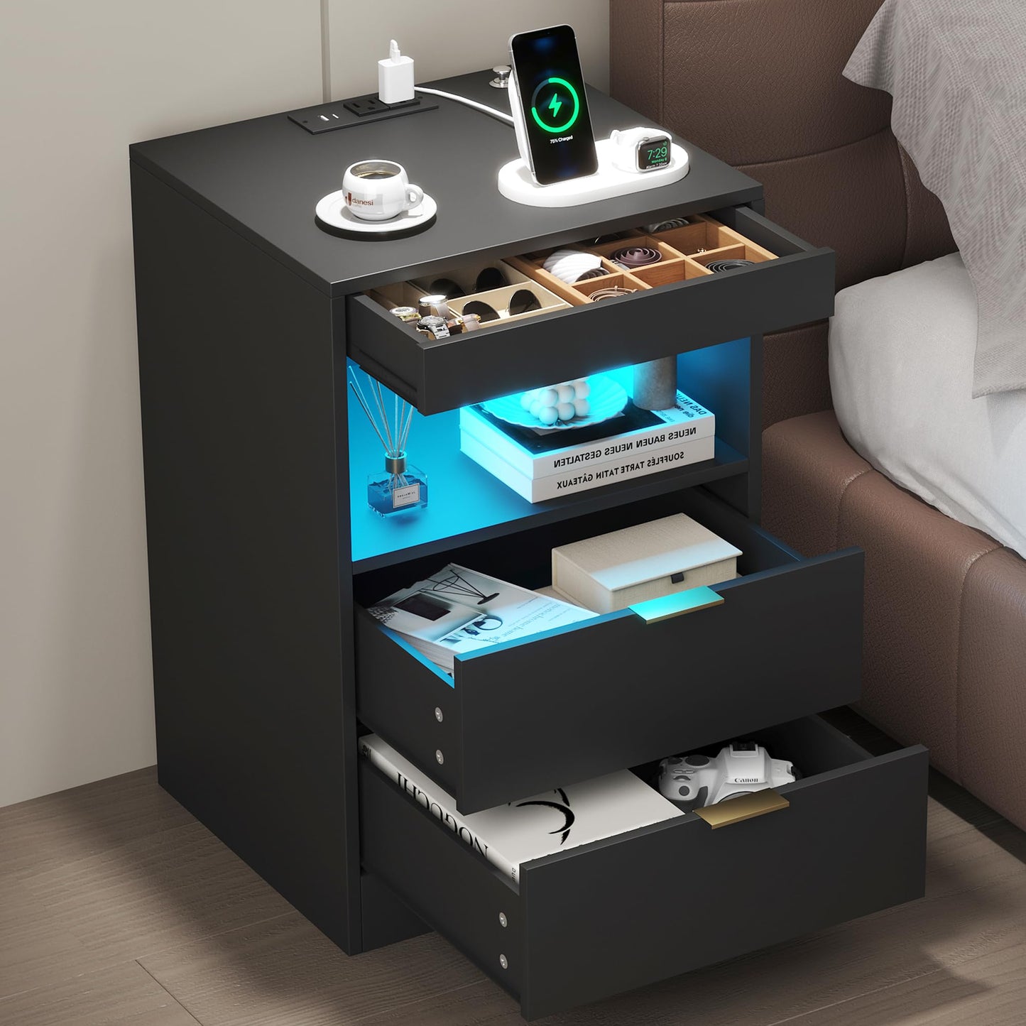 Yusong LED Nightstand Bedside Table with Charging Station 2 Drawers, Black Modern Sofa Couch End Side Table with Lights, Invisible Lock and Pull-Out