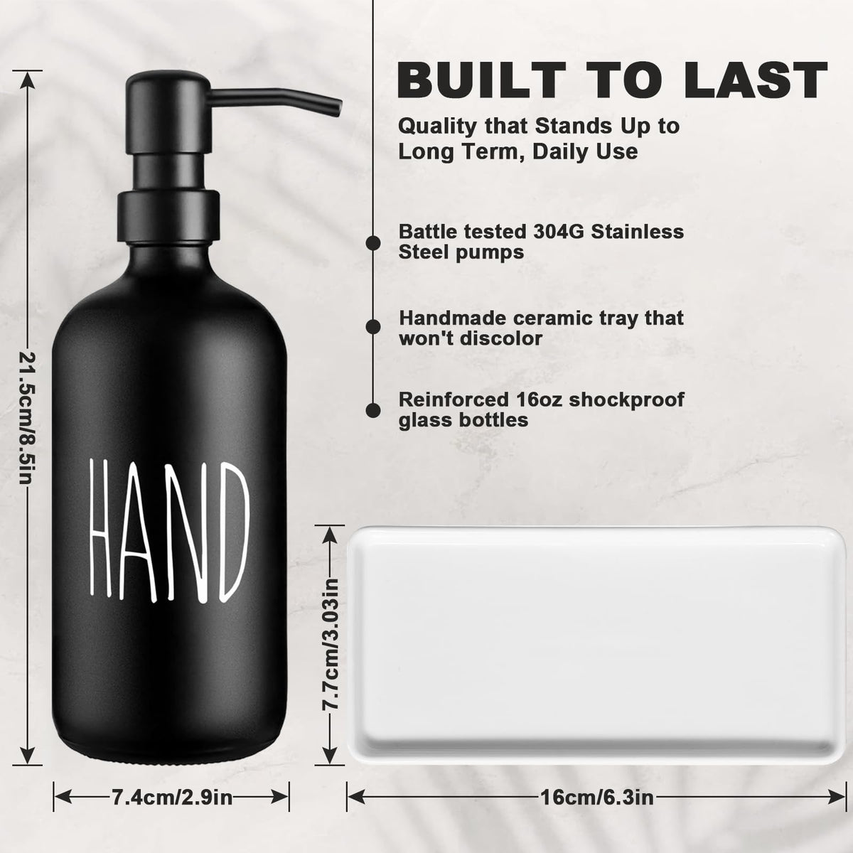 Glass Soap Dispenser Set: Premium 2 Pack Dispenser Bottles with Ceramic Tray 500ML/17oz Farmhouse Soap Lotion Pump Dispensers Refillable Hand Soap