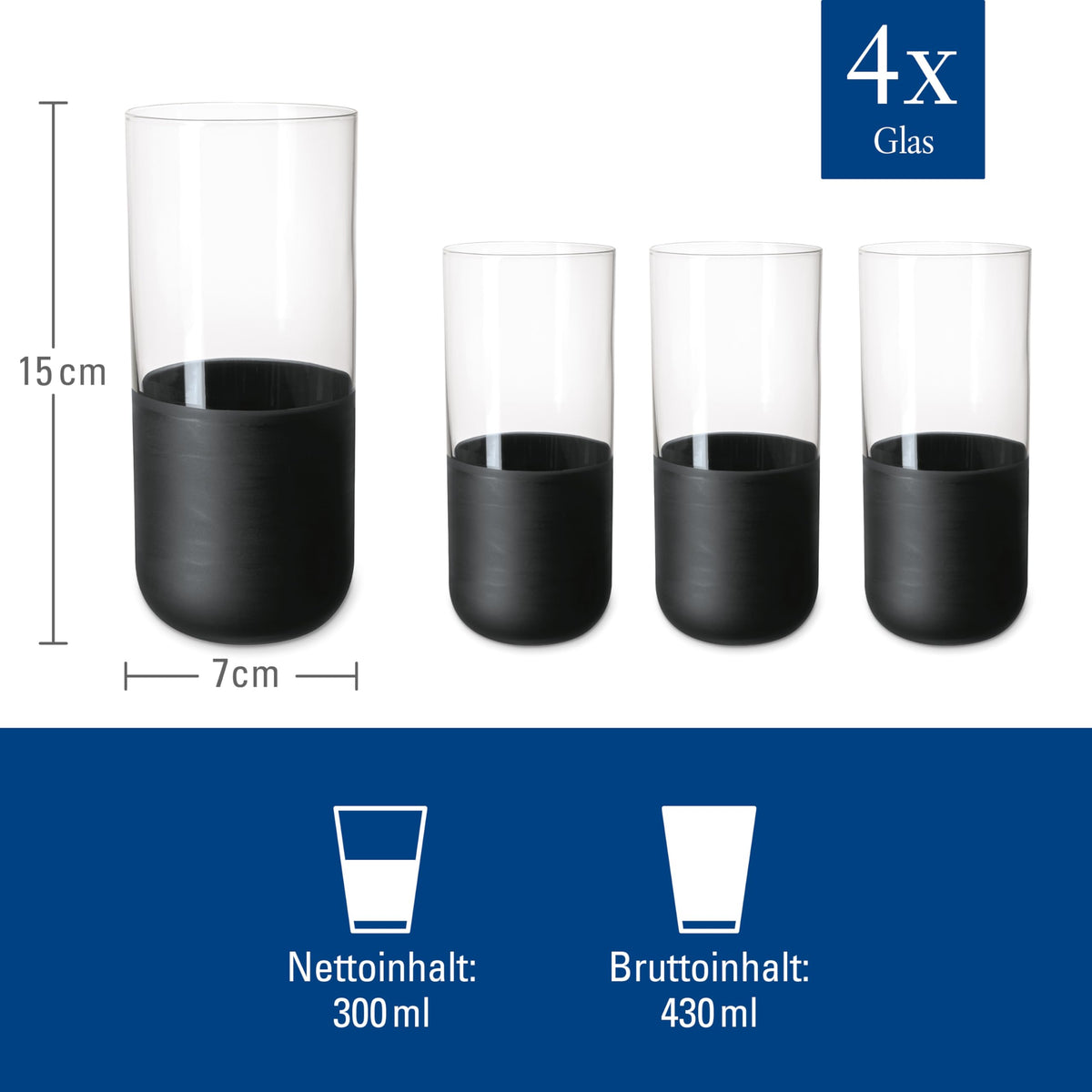 Villeroy & Boch  Manufacture Rock Long Drink Glass Set, 4 pces, Crystal Glass with matt Black Base, Capacity 300 ml