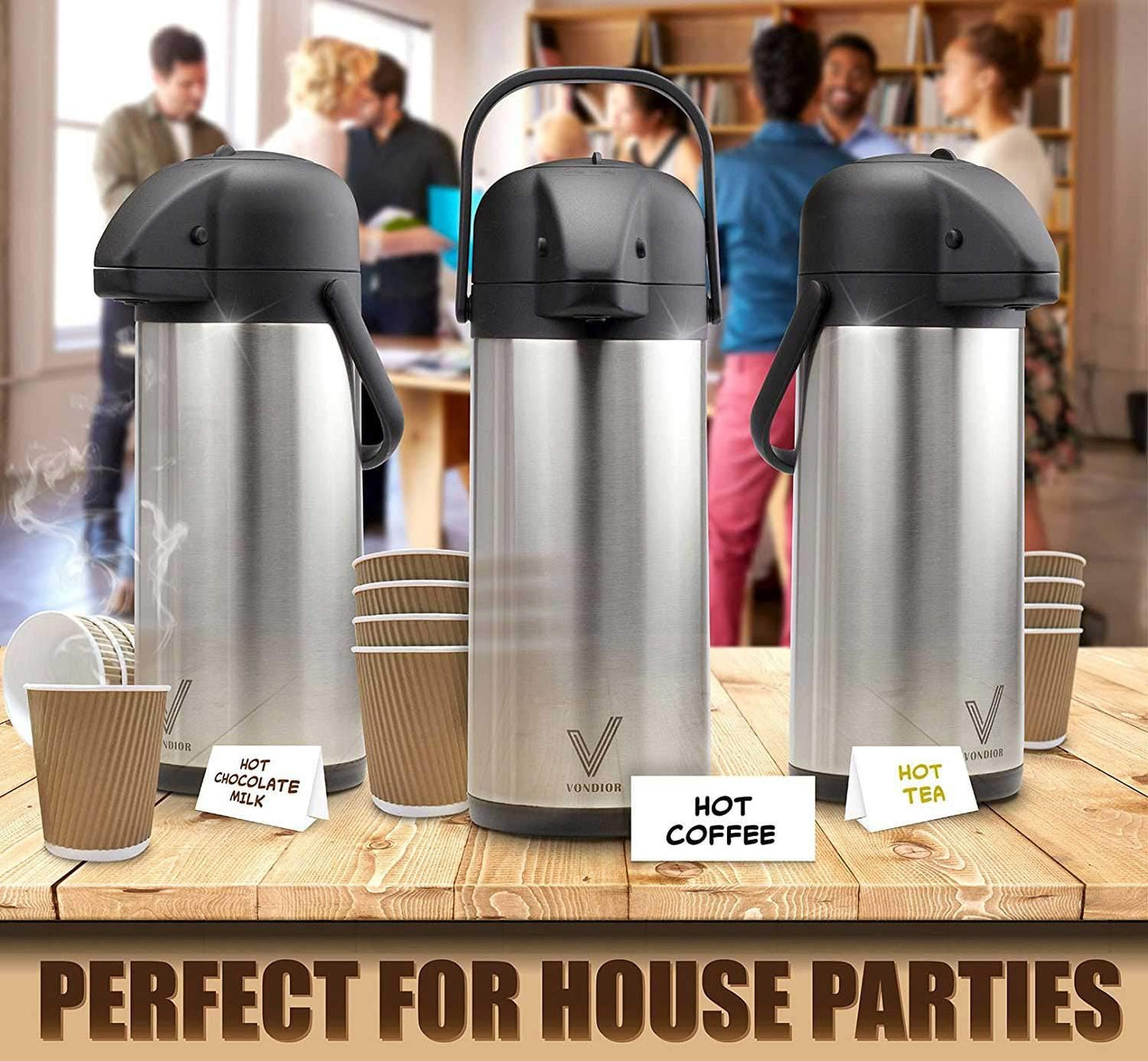 Vondior Thermal Coffee Pot 3L, Insulated Coffee Carafe Jugs with Pump Stainless Steel, Teapot Vacuum Jug for Hot/Cold Water, Party Chocolate Drinks