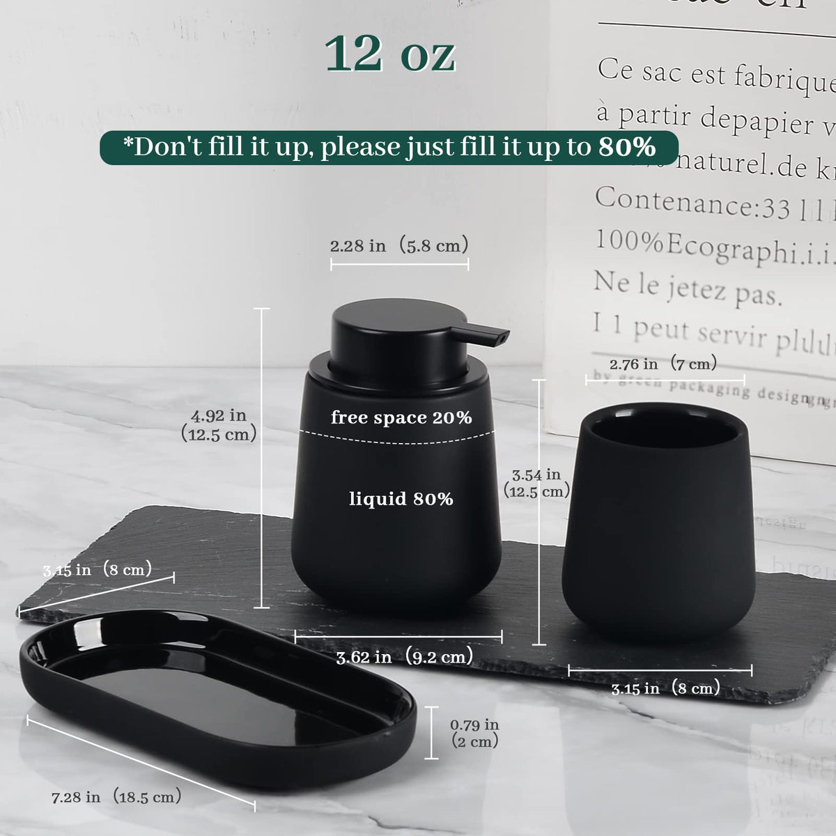 BosilunLife Black Bathroom Accessory Set - 3 pcs Ceramic Bathroom Soap Dispenser Set Farmhouse Bathroom Counter Decor Set Accessories