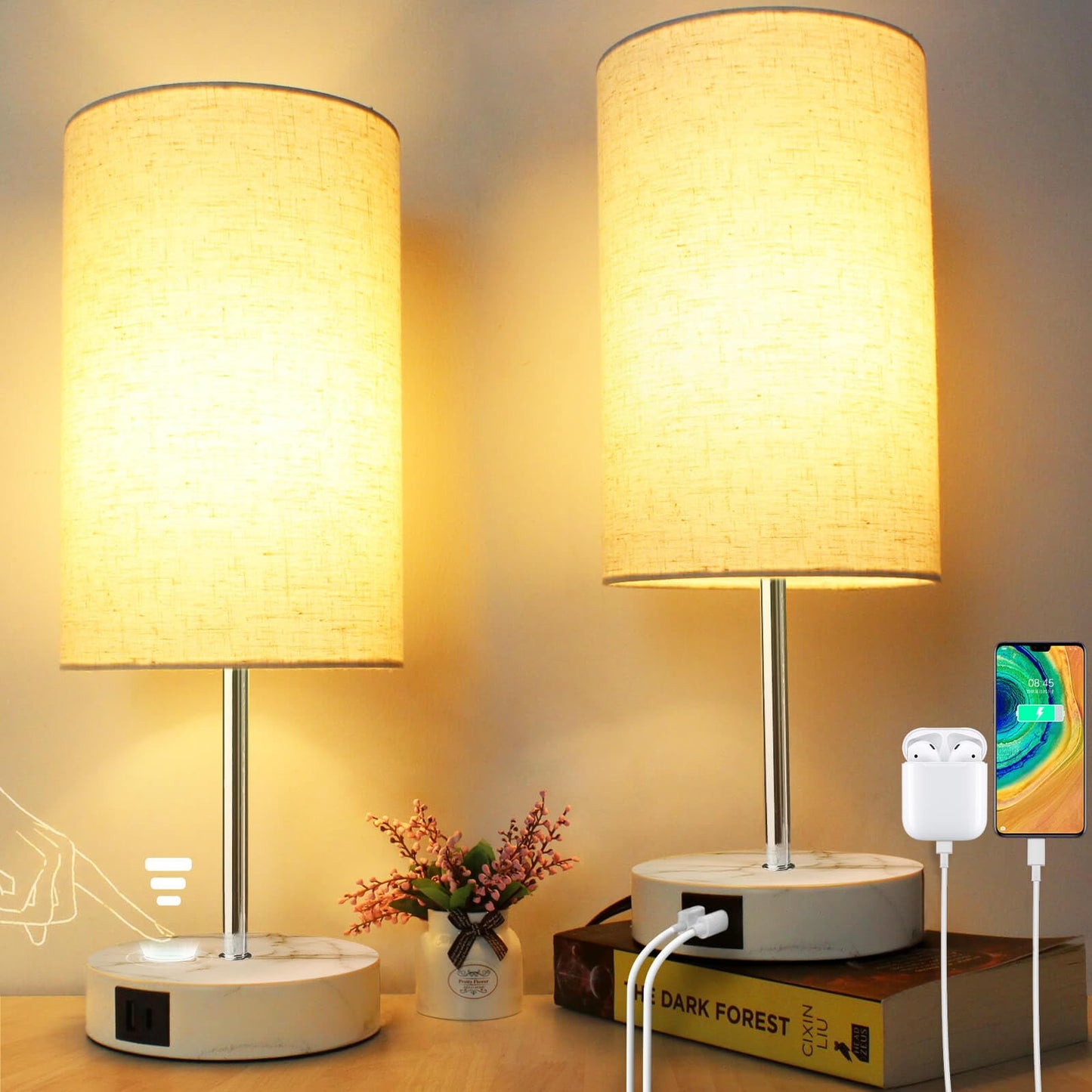 Wondlumi Bedside Lamps Set of 2, Touch Lamps Bedside with 3 Way Dimmable and 2 USB Charging Ports, Bedside Table Lamp with Marble Color Base and White