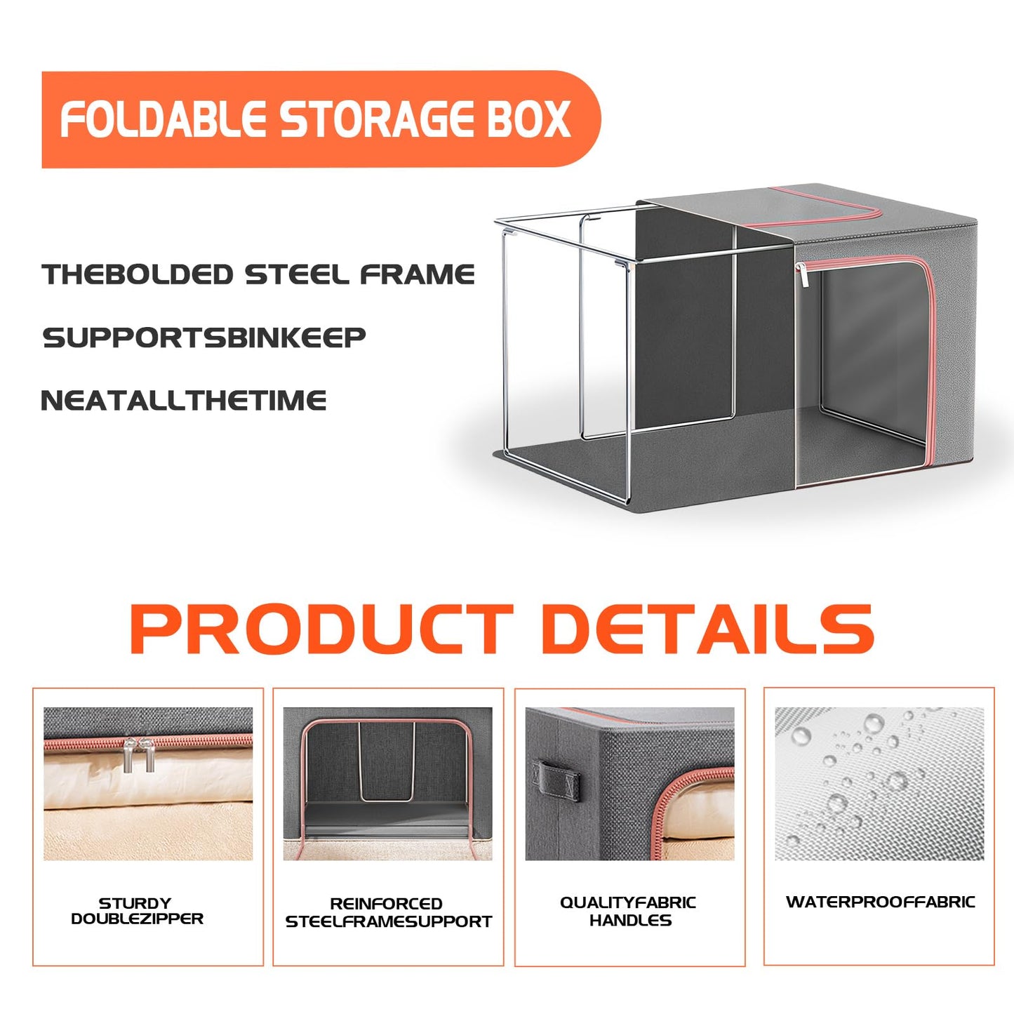 Storage Boxes Organiser, 24L Clothes Storage Boxes with Metal Frame＆Top and Front Opening Zip with Clear Window,Fabric Foldable Storage Boxes