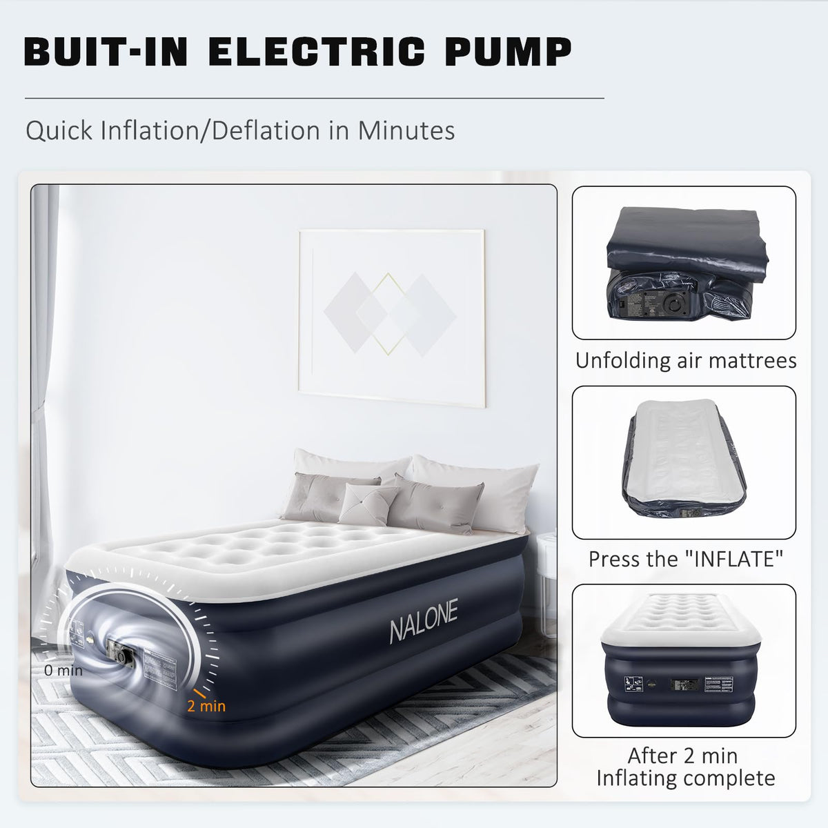NALONE Air bed Single, Inflatable mattress with Built in Pump, 197x100x46cm Double Blow Up Mattress in 3 Mins Self-Inflation/Deflation, Portable air