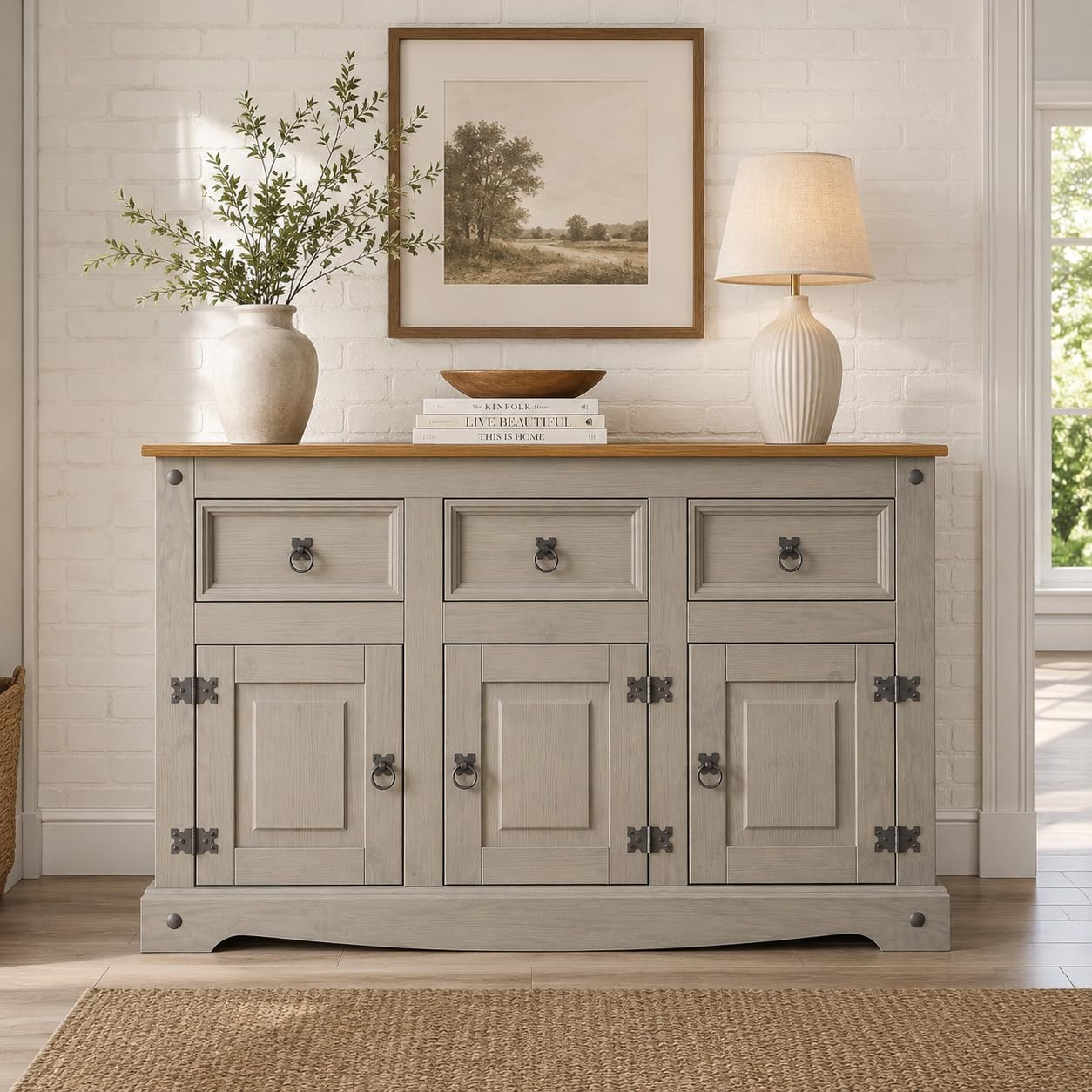 Corona Grey Sideboard 3 Door 3 Drawer Large Solid Mexican Pine Wooden Cabinet with Gunmetal Hardware W 125 cm x D 40 cm x H 76 cm