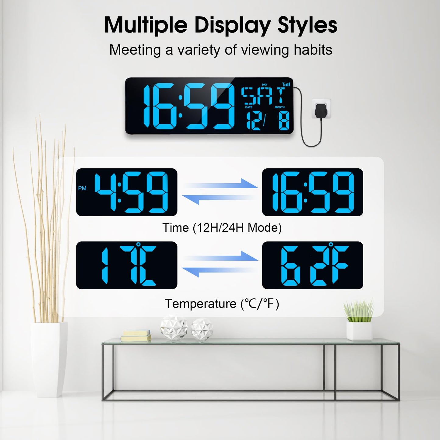 XREXS 17 Inch Large Digital Wall Clock with Bluetooth Function, Auto-sync Time, Adjustable Brightness, Clock with Time/Date/Temperature/Timer/Alarm